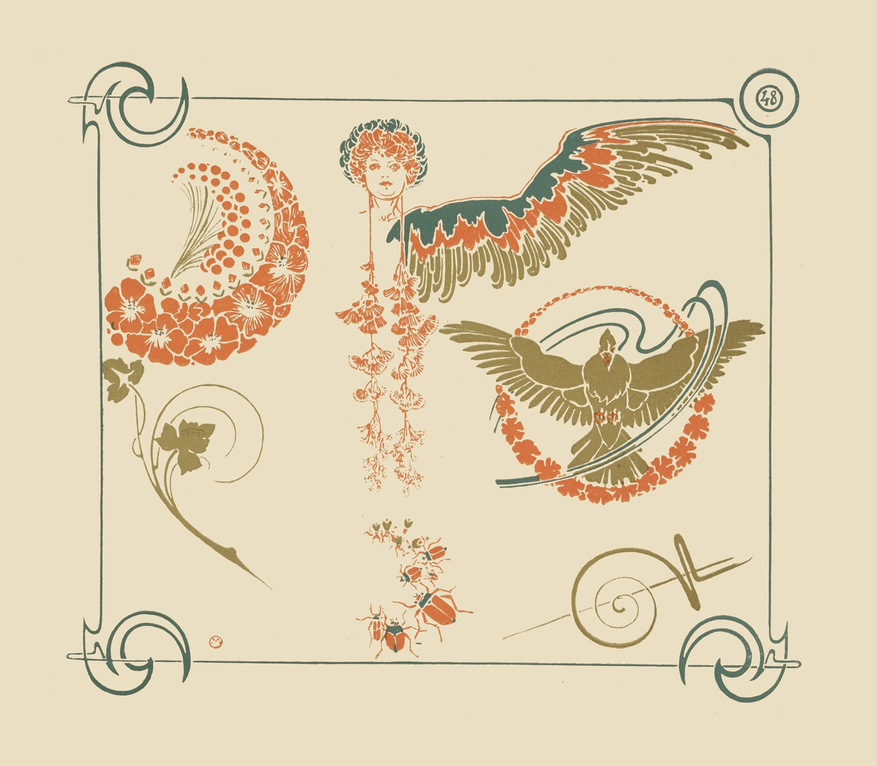 Abstract design based on flowers, angels, birds, beetles., by Alphonse Mucha, public domain