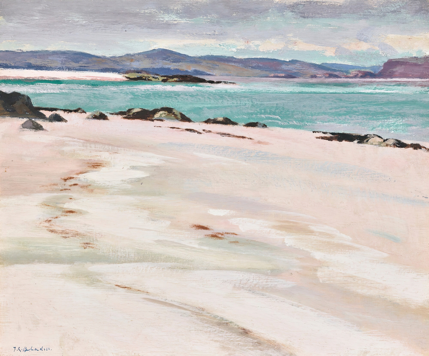 Oil painting by Francis Campbell Boileau Cadell depicting a beach with ocean waves.