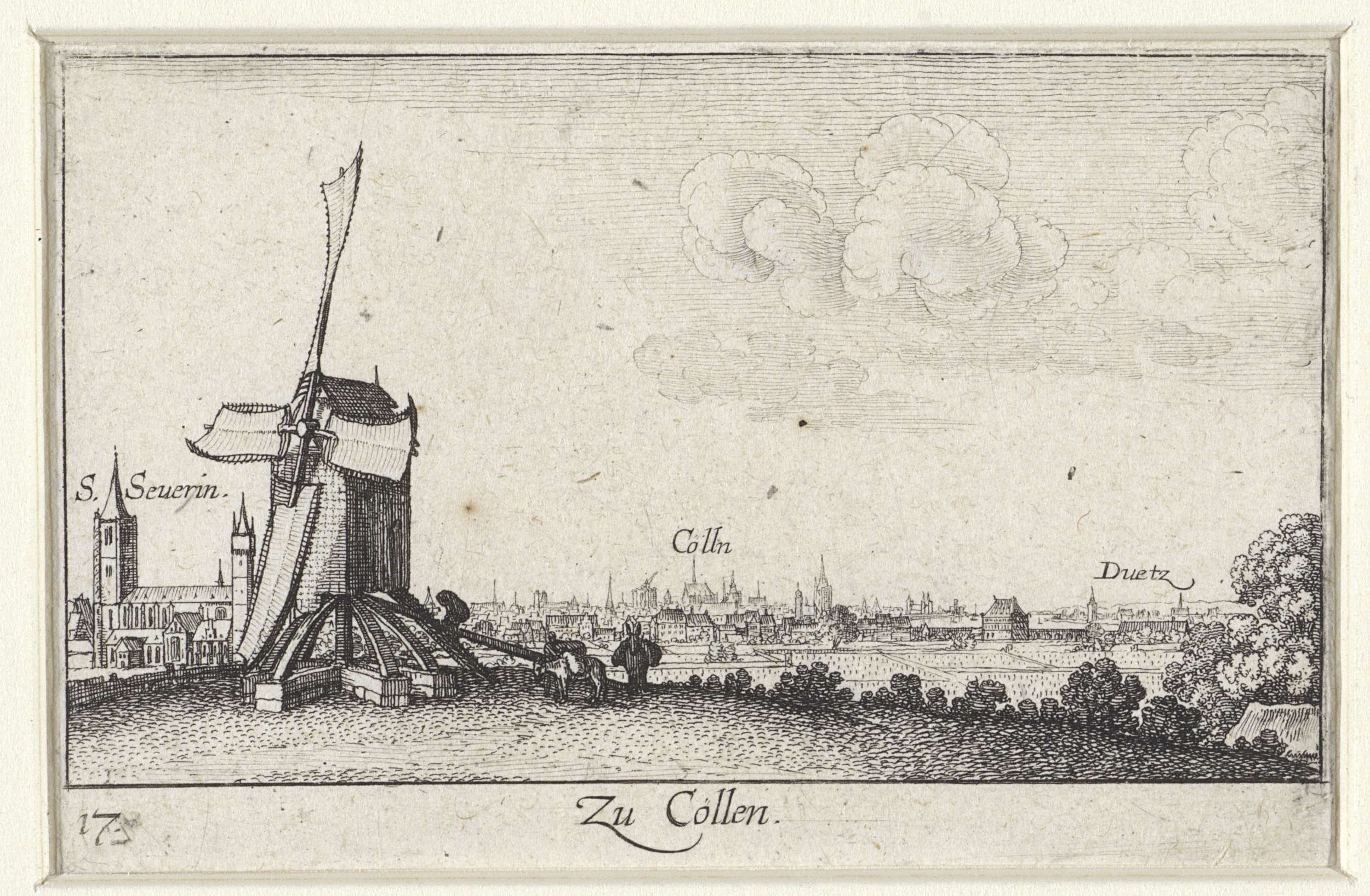 Etching by Wenceslaus Hollar depicting a river, windmill, and Cologne's skyline