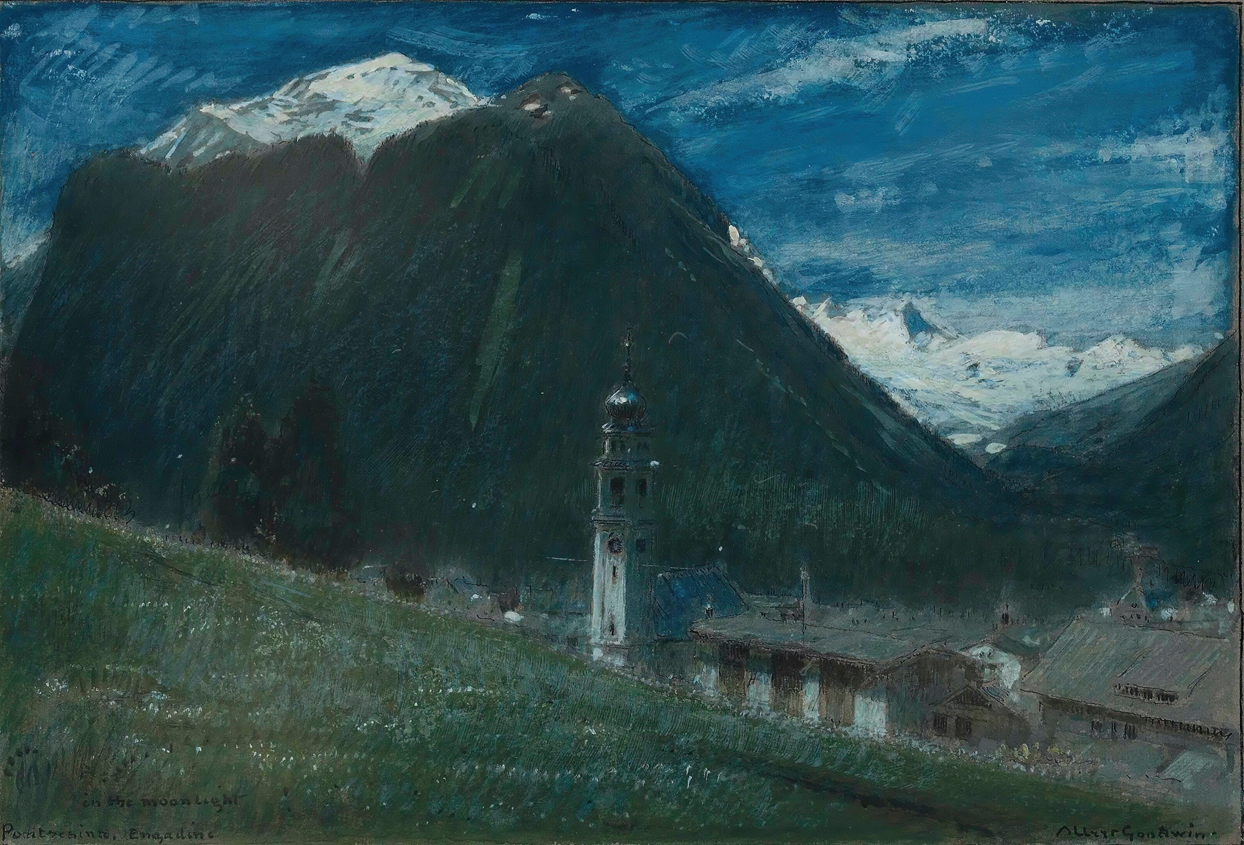 Moonlit landscape with mountains by Albert Goodwin, oil painting