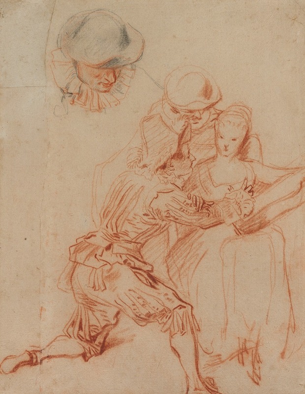 A preparatory study for Watteau's 'The Romancer', showcasing figures in a lush setting.
