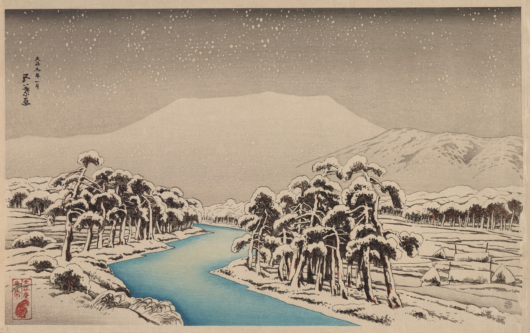 Ukiyo-e landscape of Mount Ibuki covered in snow by Hashiguchi Goyō