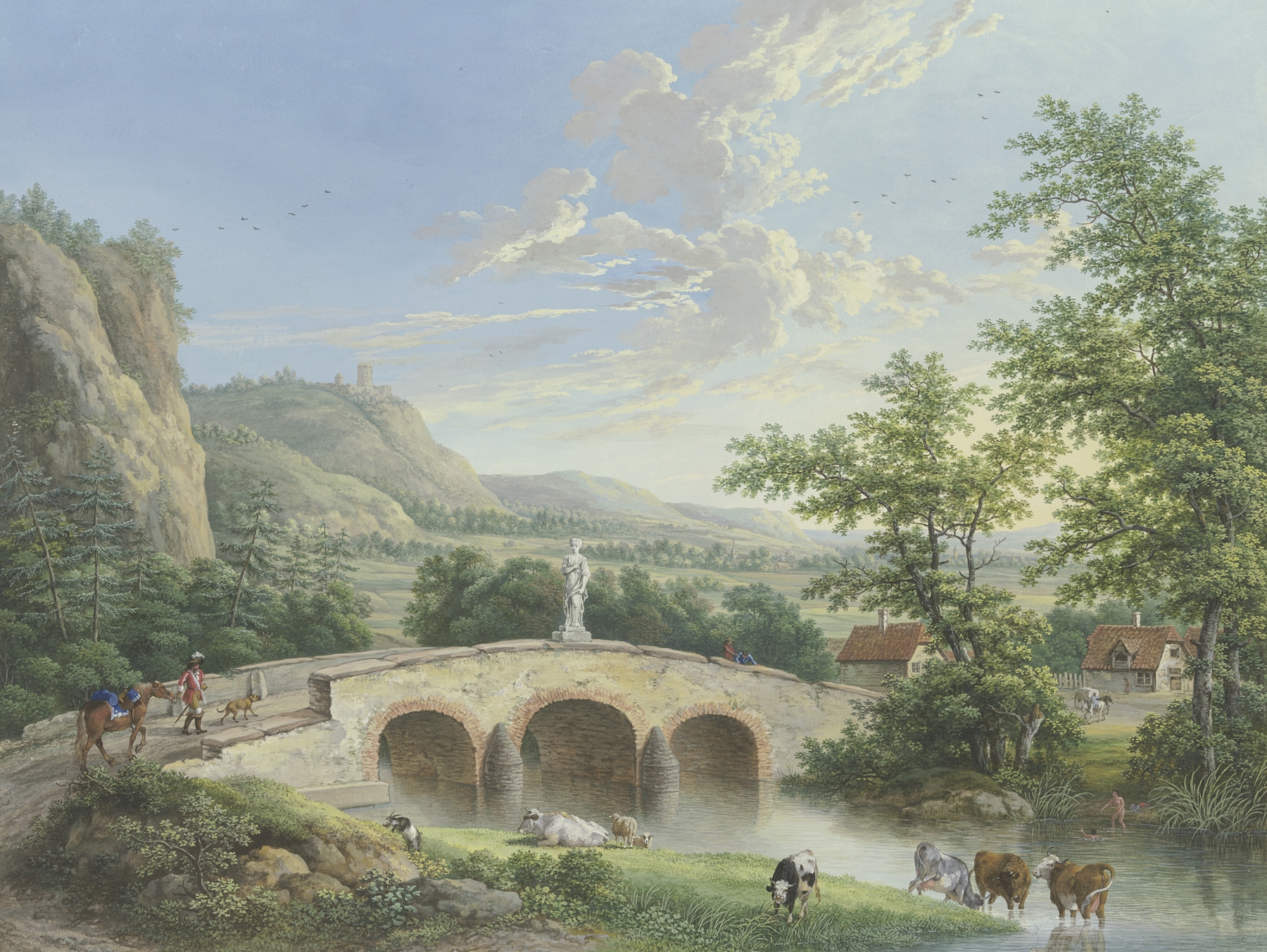 Landscape with a stone bridge and ancient sculpture by Johann Georg Pforr