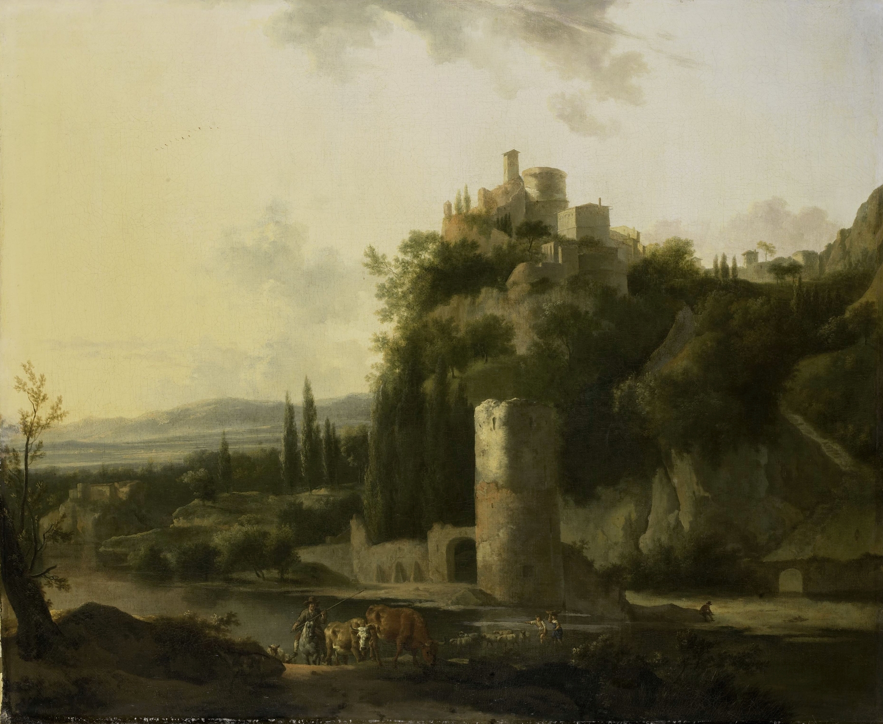 Italian landscape with round tower, by Frederik de Moucheron, public domain