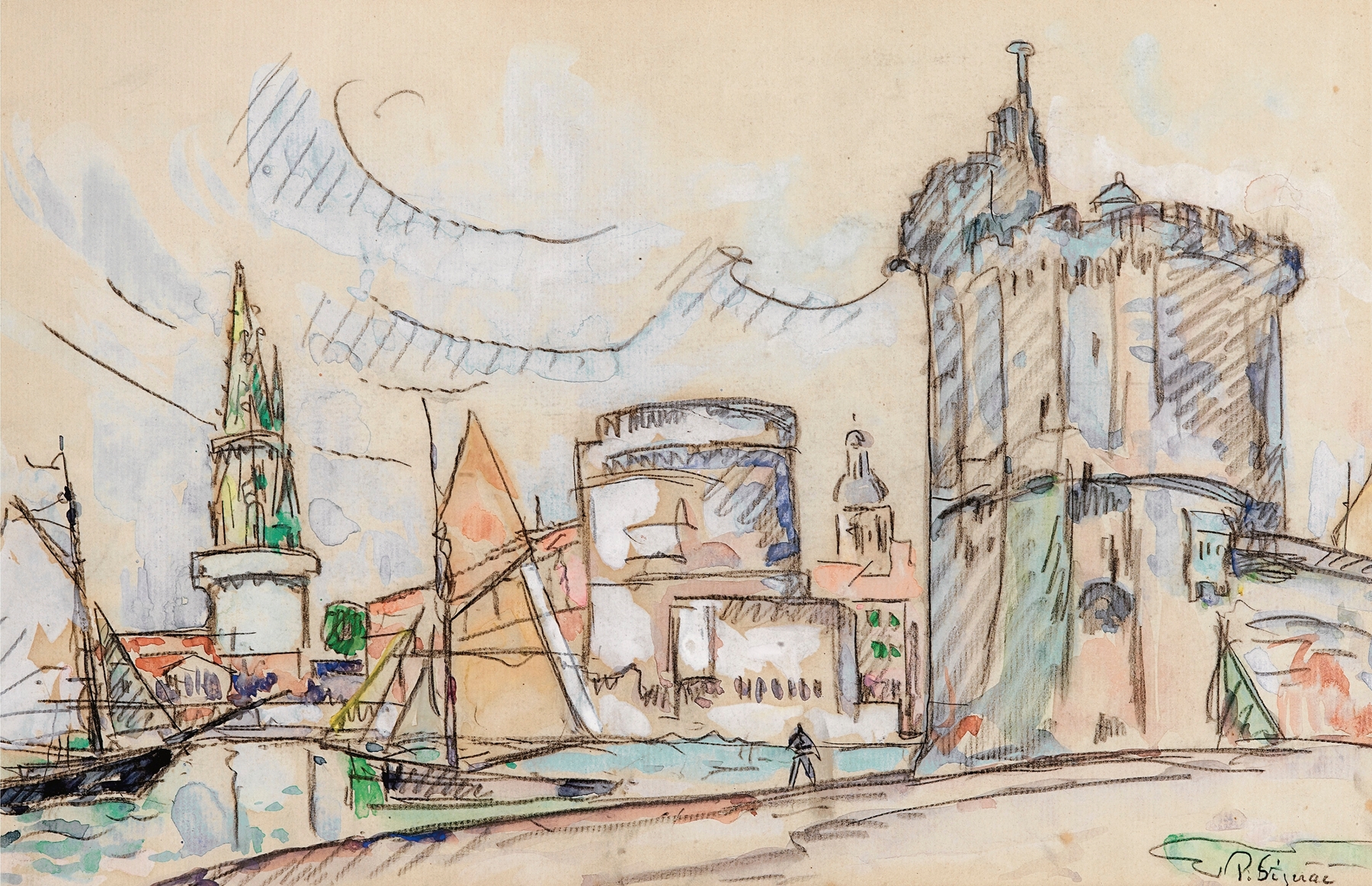 Le Port De La Rochelle by Paul Signac, oil painting depicting boats and water reflections