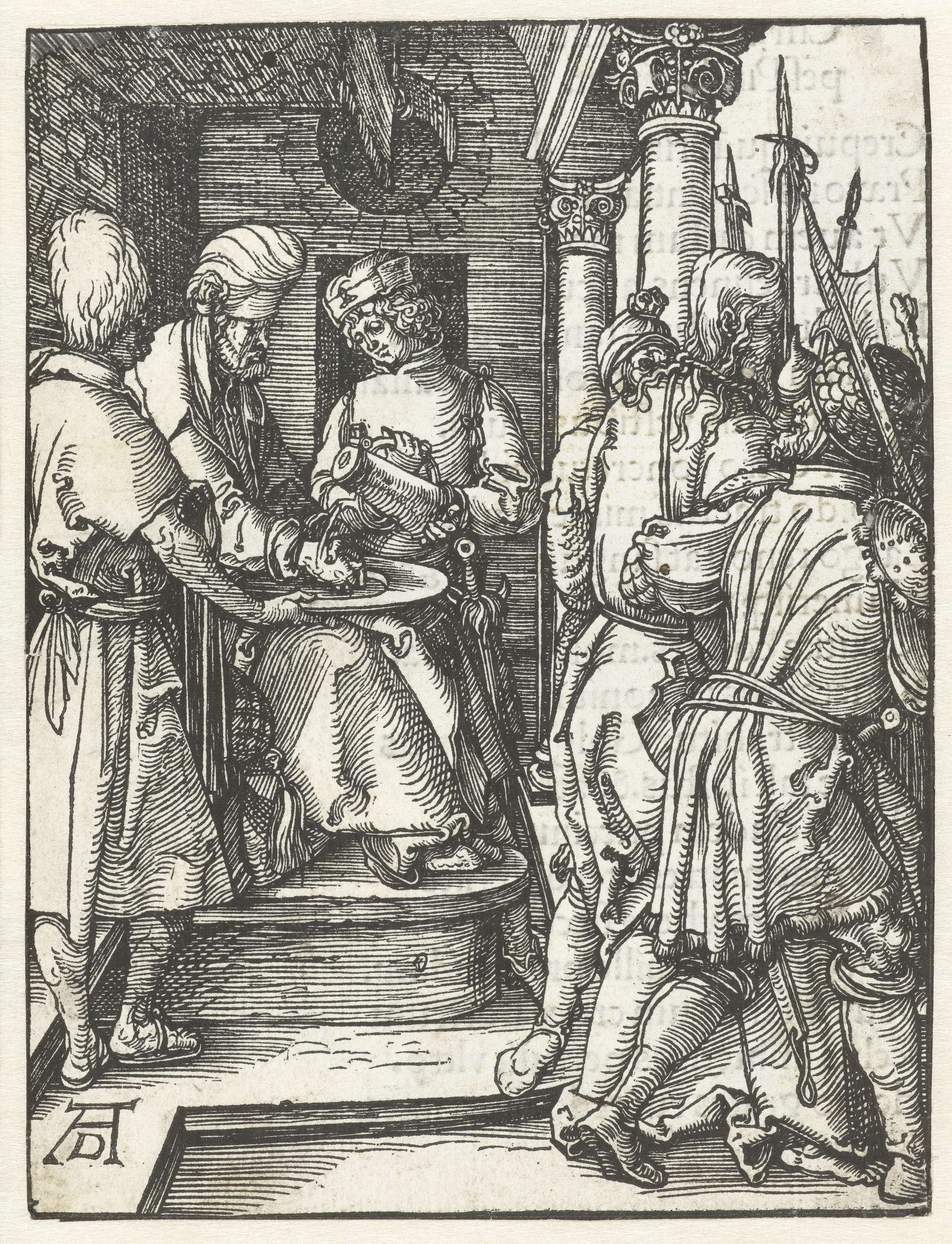 Religious etching by Albrecht Dürer depicting Pilate washing his hands
