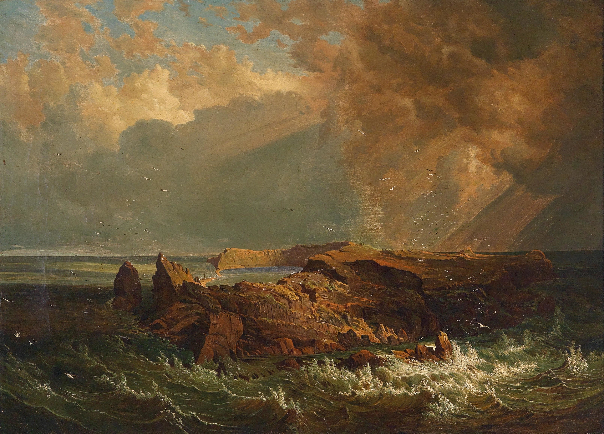 Marine scene with tumultuous waves crashing on rocky coastline by Alois Kirnig, oil painting