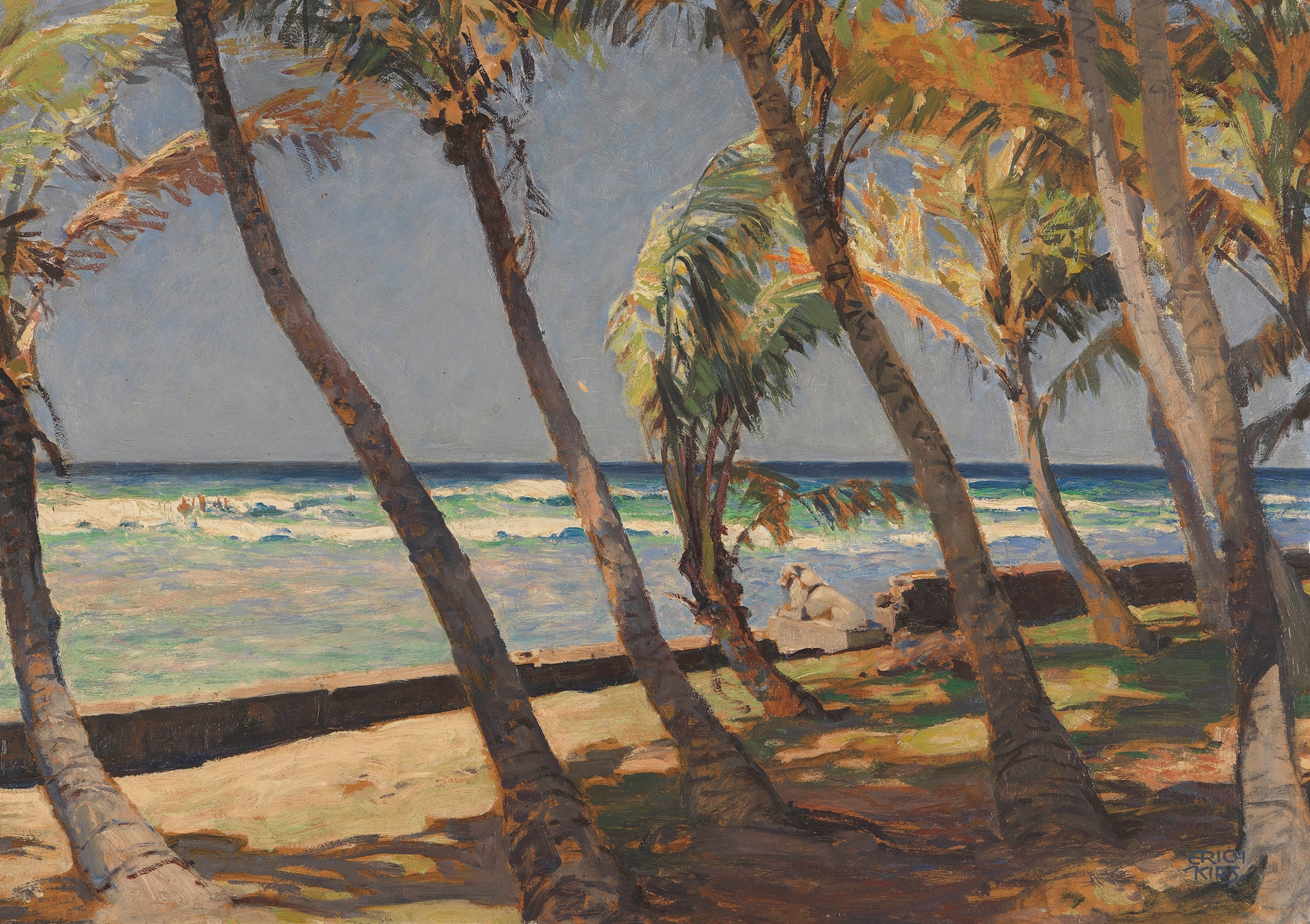 Waikiki Beach by Erich Kips, 1928, depicting waves and shore in a post-impressionist style
