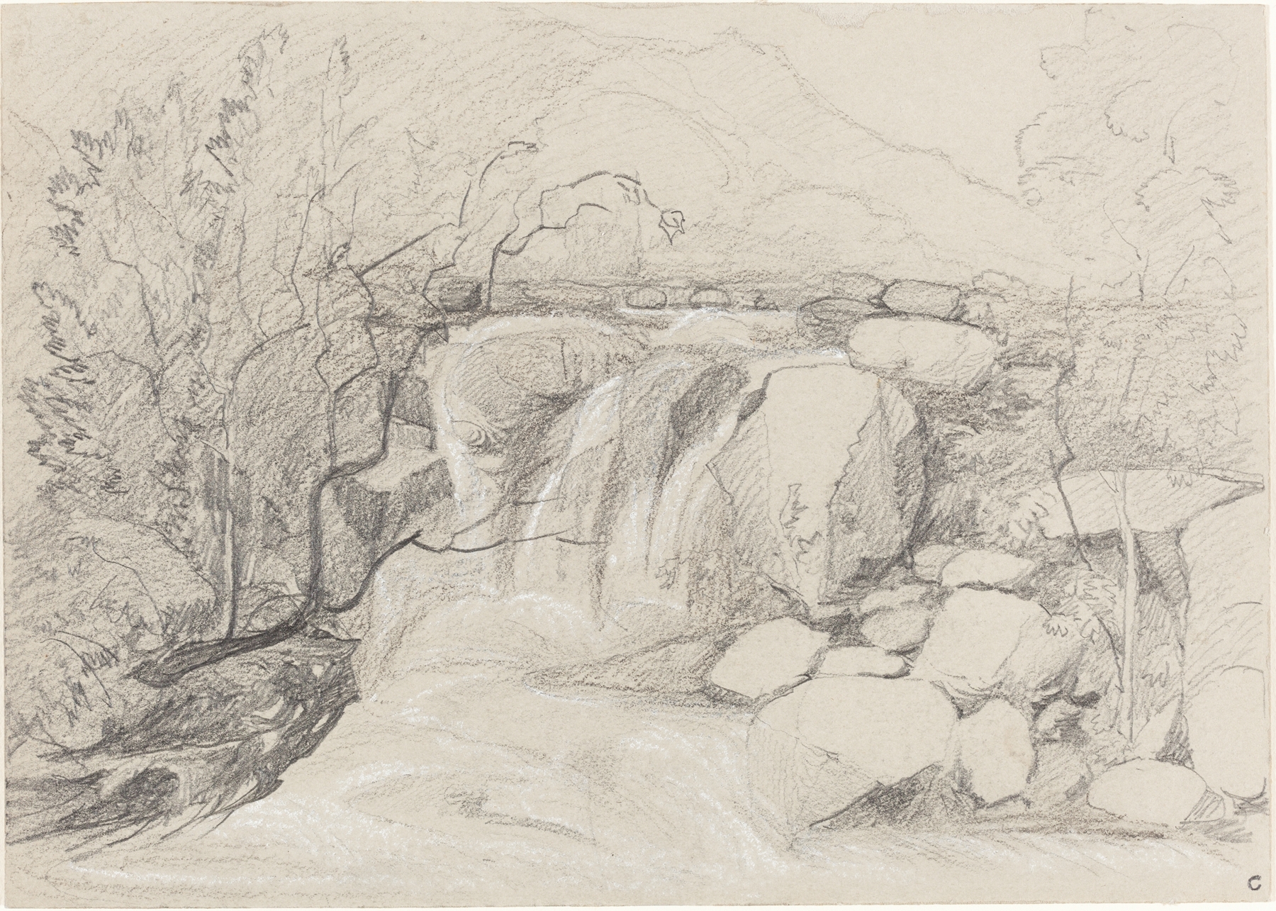 Waterfall with Rocks, oil painting by John Sell Cotman, depicting water cascading over rocks.