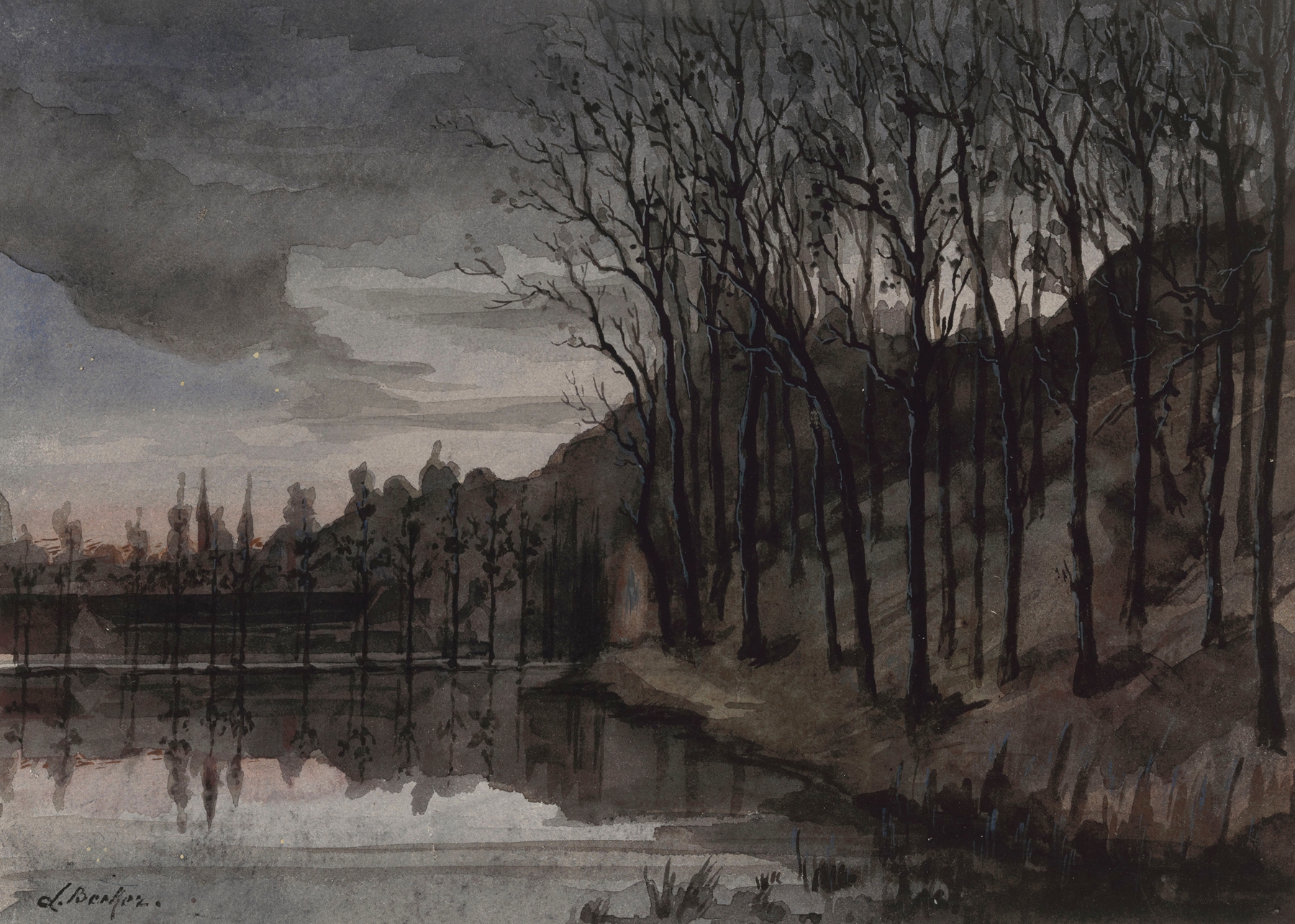 Evening by Léon Becker, oil on canvas, depicting a serene twilight landscape with deep blue and purple hues.