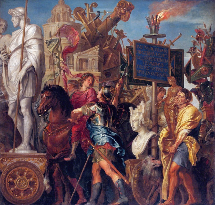 Caesar's Triumph depicts a grand celebration with vibrant colors and dynamic figures.