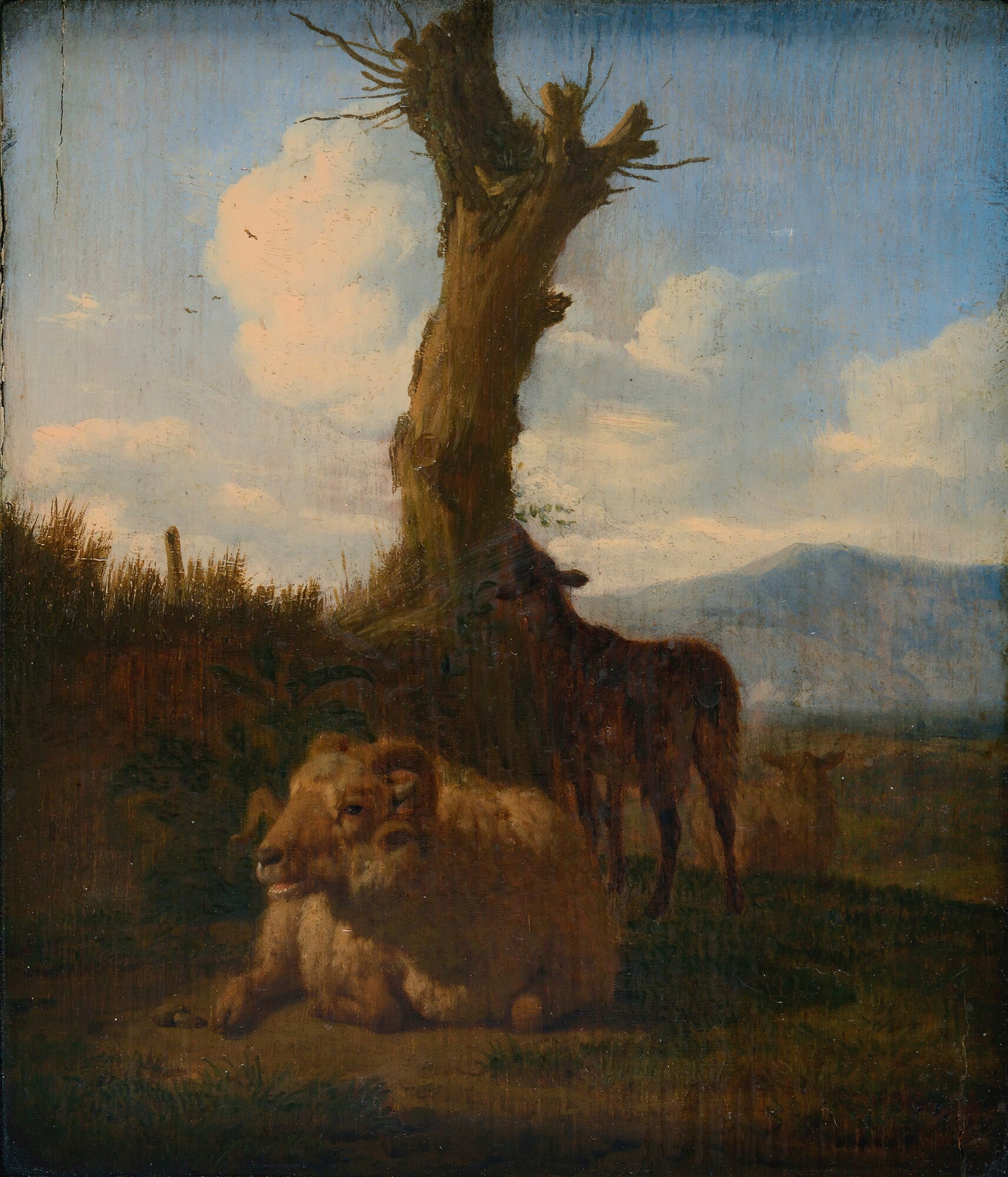 Italianate landscape with a ram, other sheep and a dead tree, by Adriaen van de Velde, public domain
