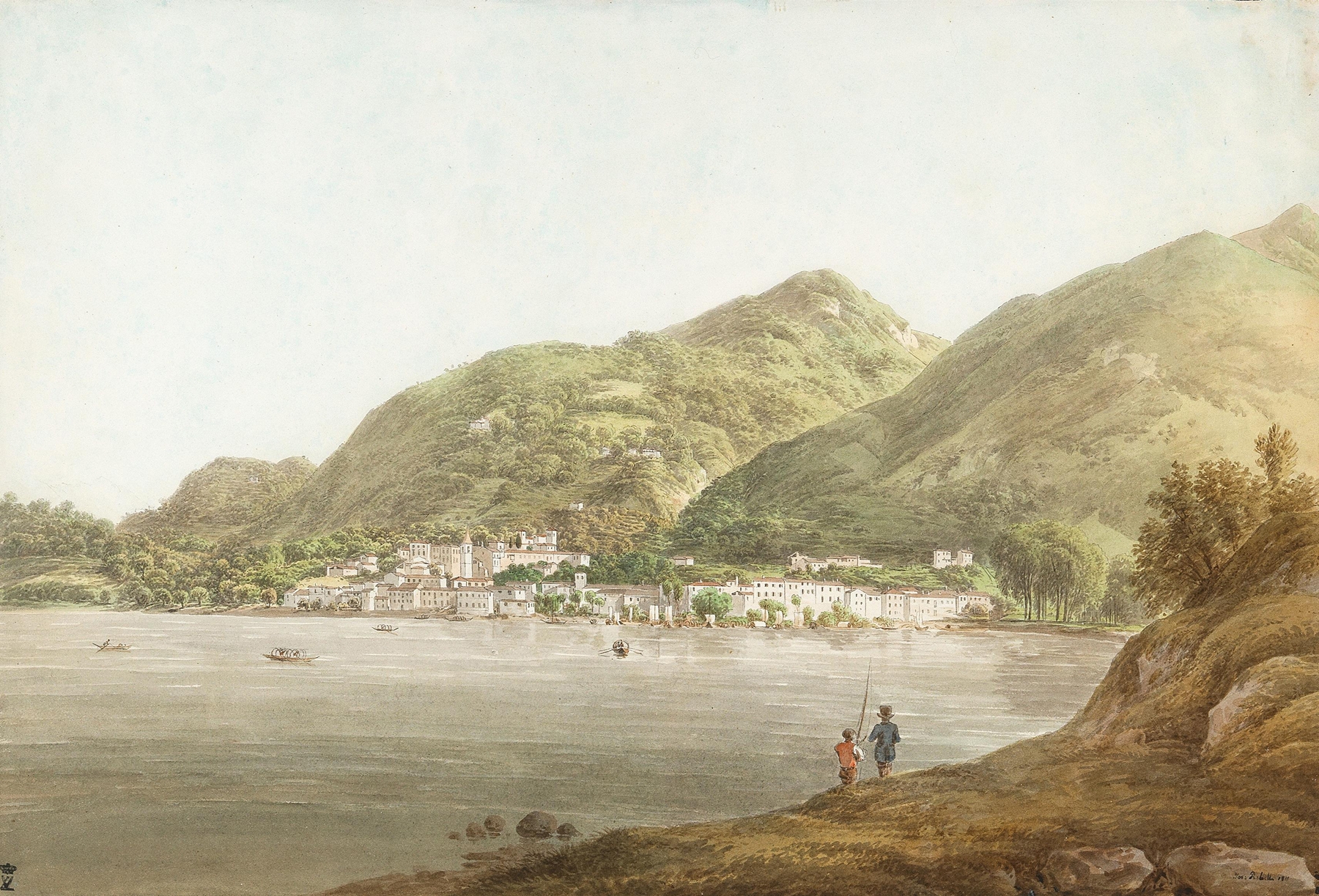 Lavano at the Lago Maggiore by Joseph Rebell, oil on canvas depicting a tranquil lake at dawn.