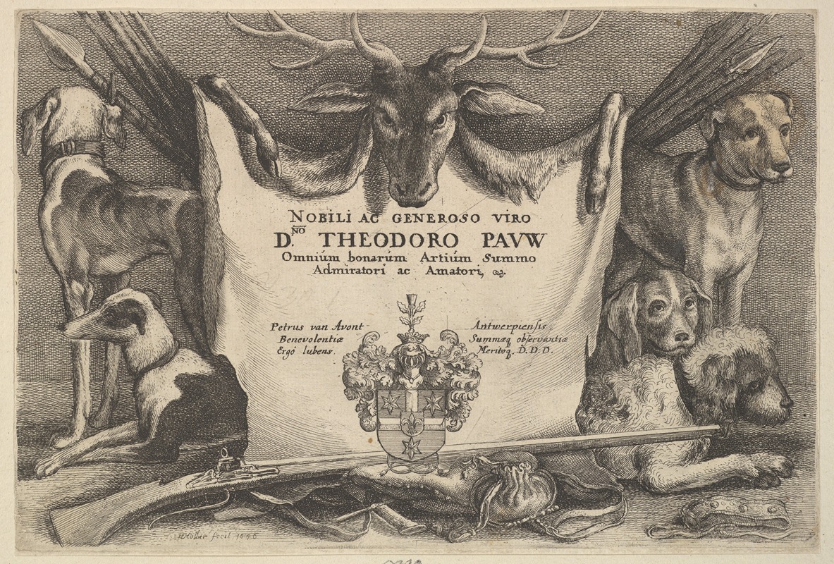 A detailed illustration of hounds and hunting equipment.