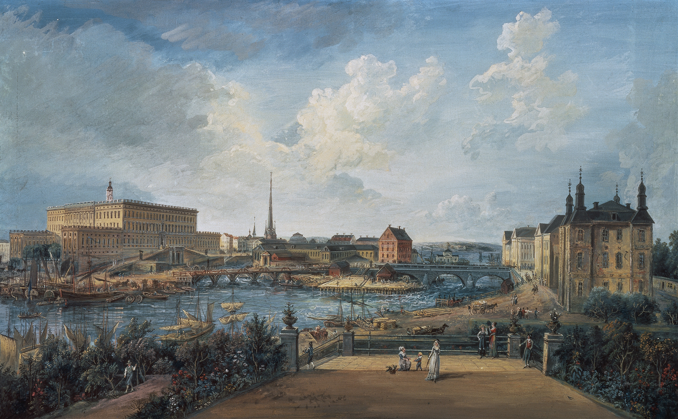 View of Stockholm IV by Elias Martin, oil on canvas depicting tranquil water and cityscape.