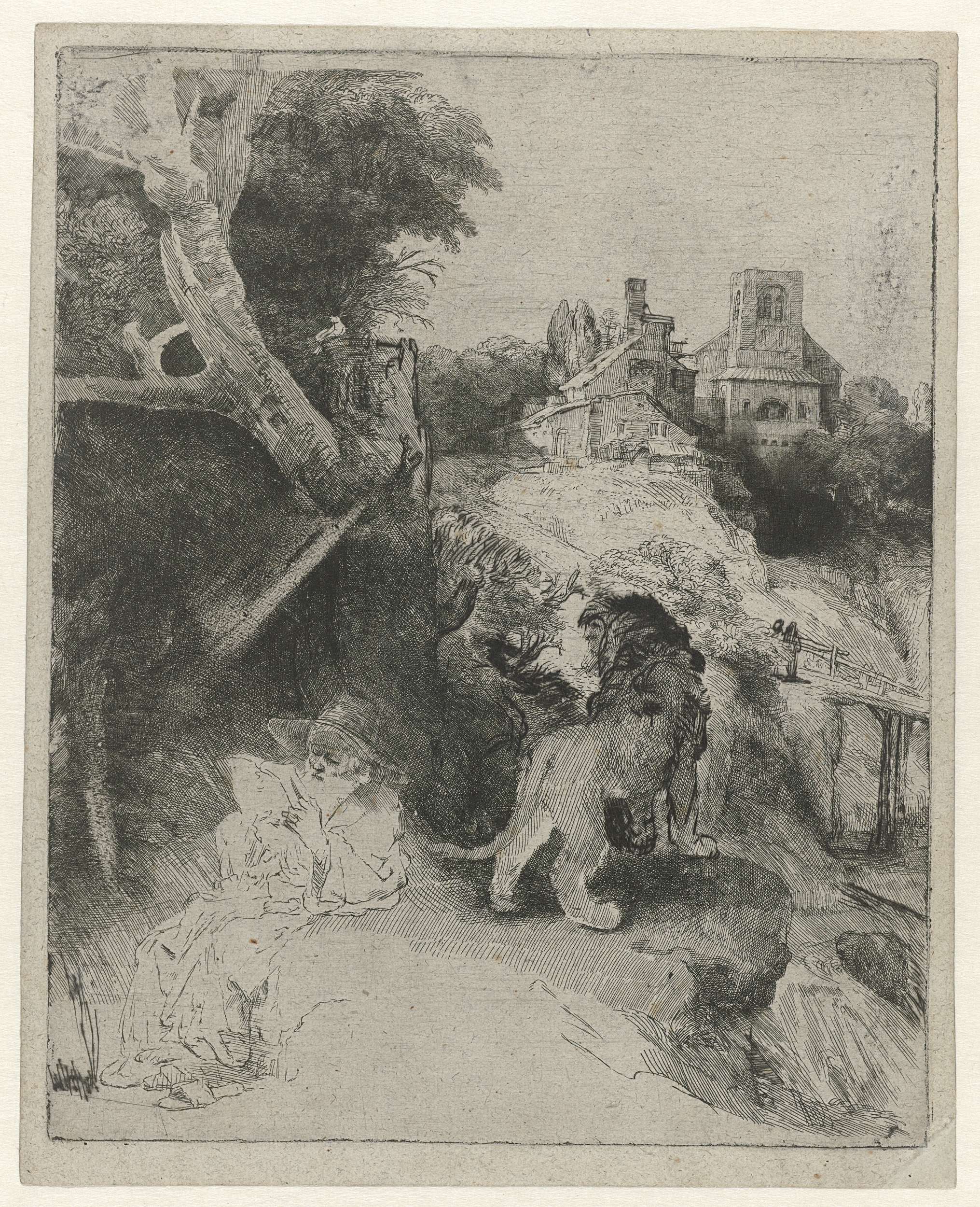 St Jerome Reading in an Italian Landscape, etching by Rembrandt van Rijn