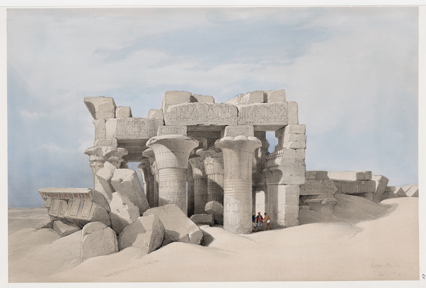 Lithograph by David Roberts depicting sandstone cliffs and ancient ruins in Kom Ombo