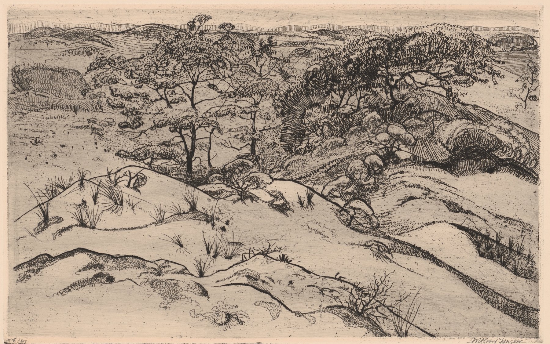 Dune Landscape by Willem Jansen, oil painting depicting sweeping dunes and golden hues.