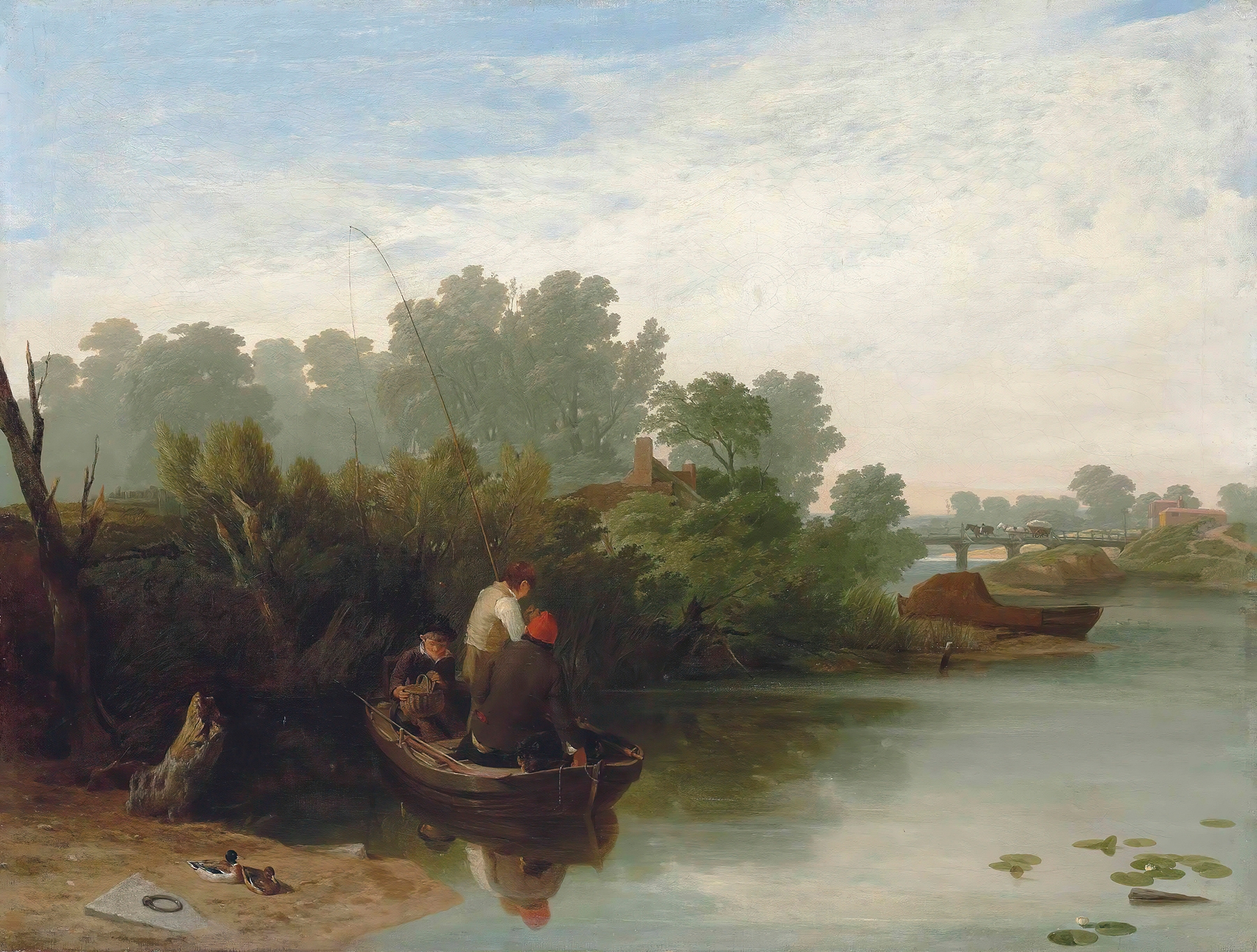 Boys Fishing by William Mulready, oil on canvas, boys casting lines in gentle water.