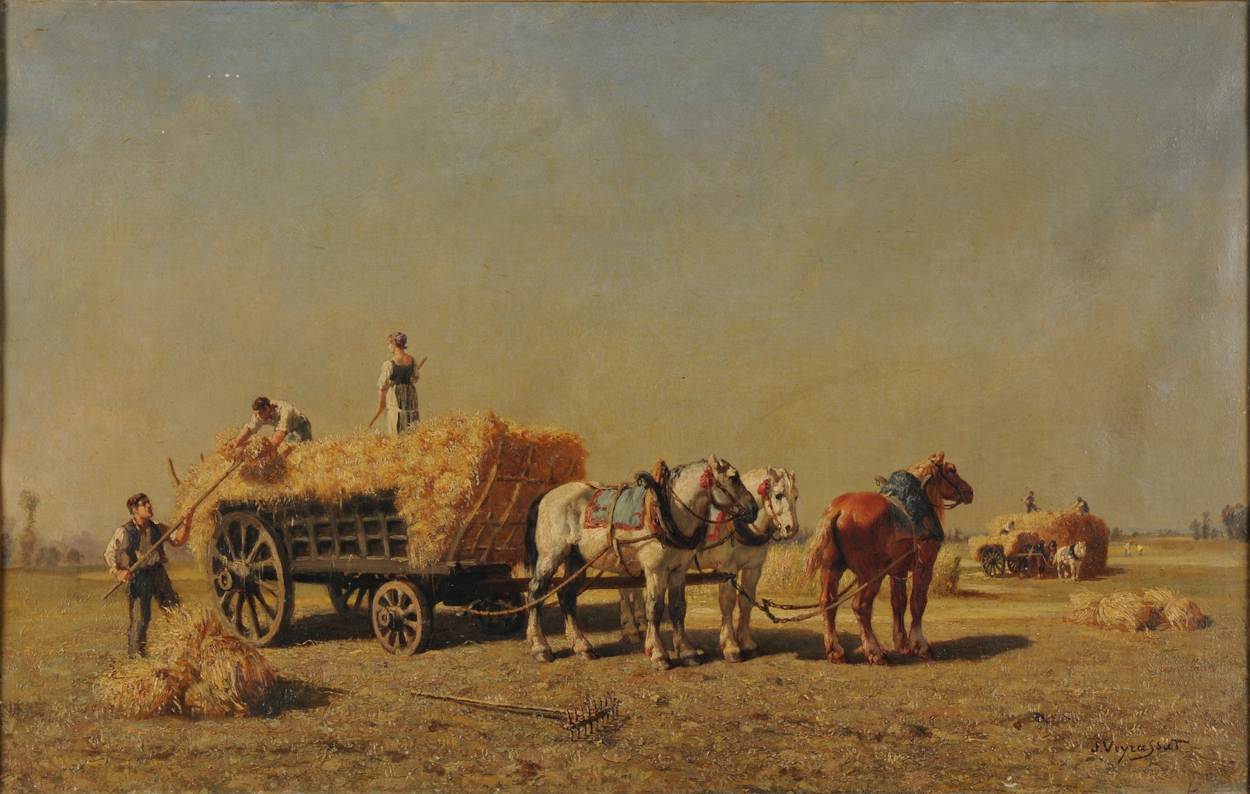 La moisson by Jules-Jacques Veyrassat, oil on canvas, showing laborers in golden fields at dusk.