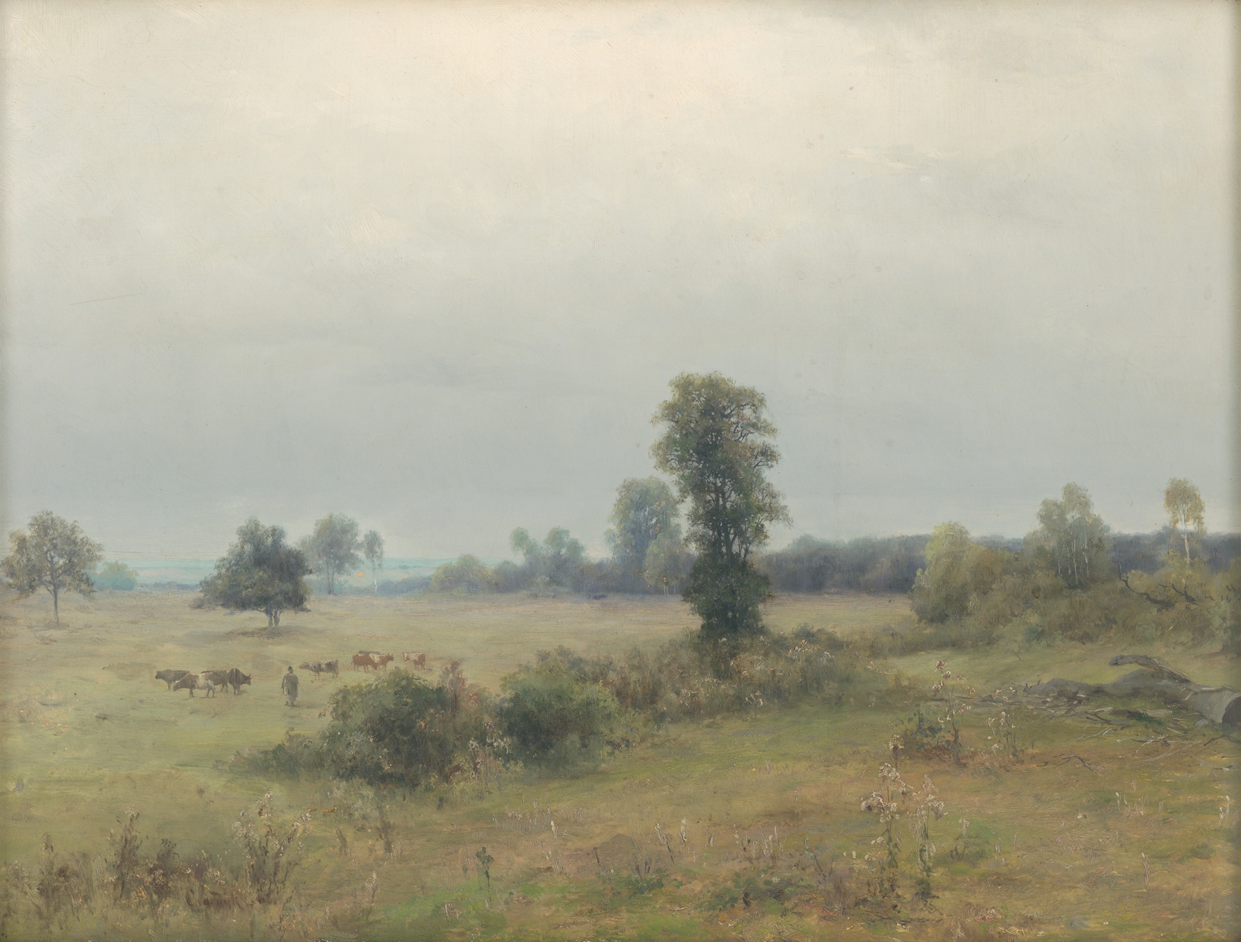 Landscape with grazing cows by Ľudovít Čordák, oil painting depicting cattle in a tranquil setting.