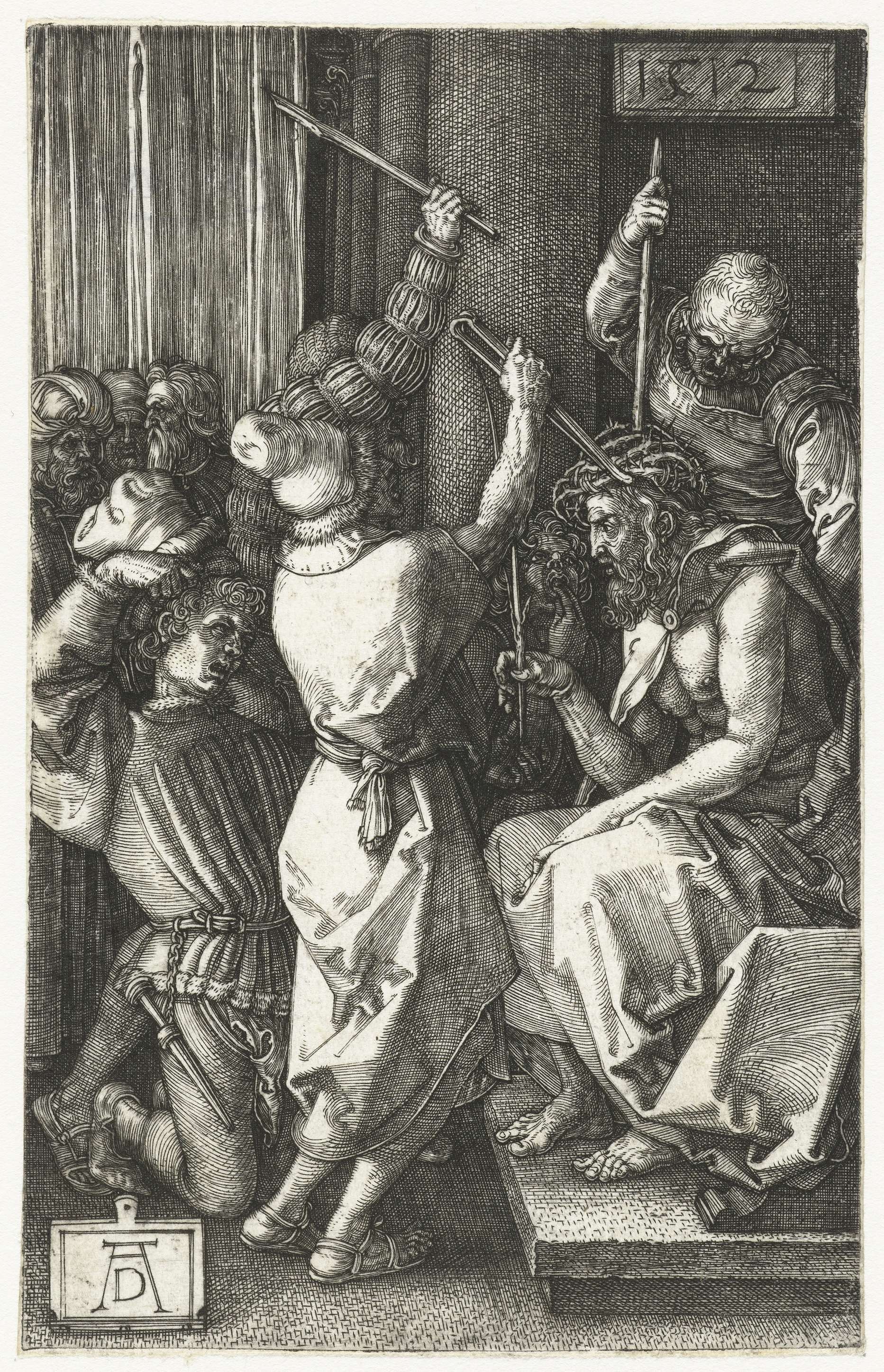 De doornenkroning engraving by Albrecht Dürer showing Christ with a thorn crown and halo