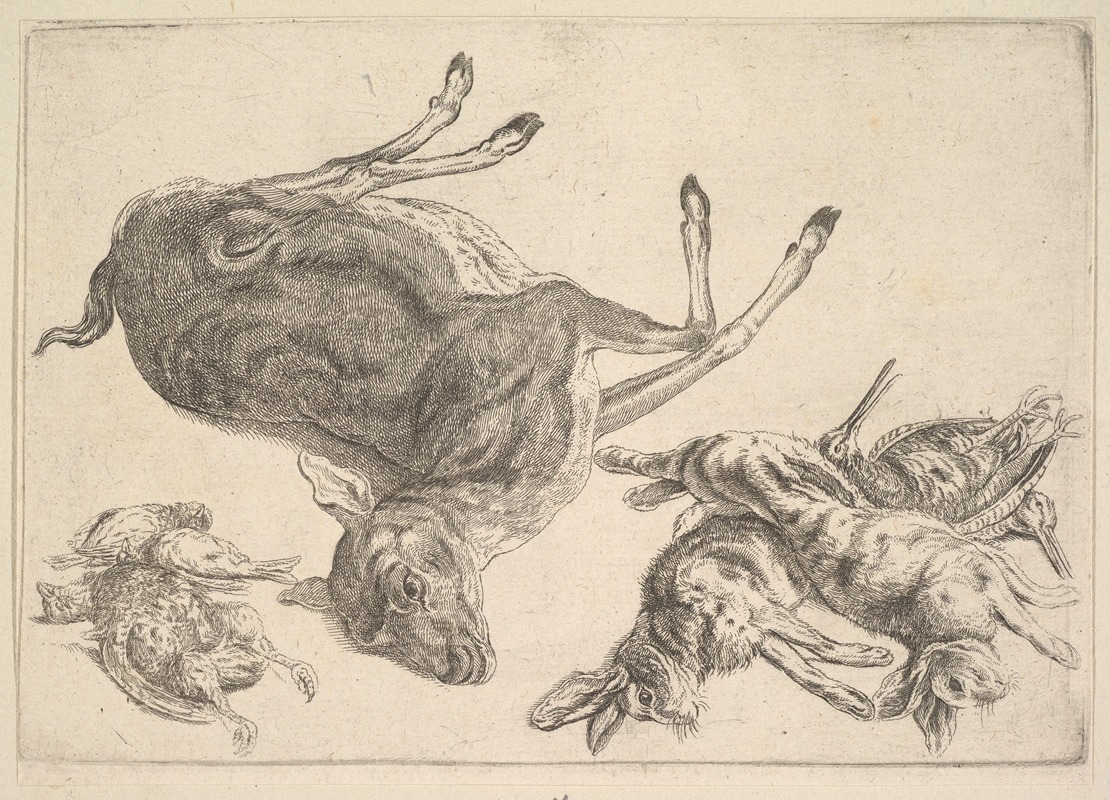 A still life painting featuring dead deer, hares, and game.
