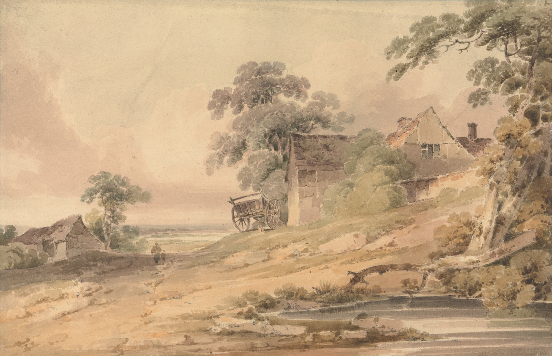 Landscape with Farmhouse, Figures and Pond by Paul Sandby Munn, medium unknown