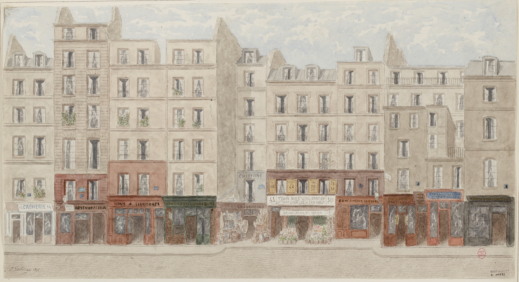 Oil painting of Rue Beaubourg by Jules Gaildrau, showcasing vibrant buildings and urban life.