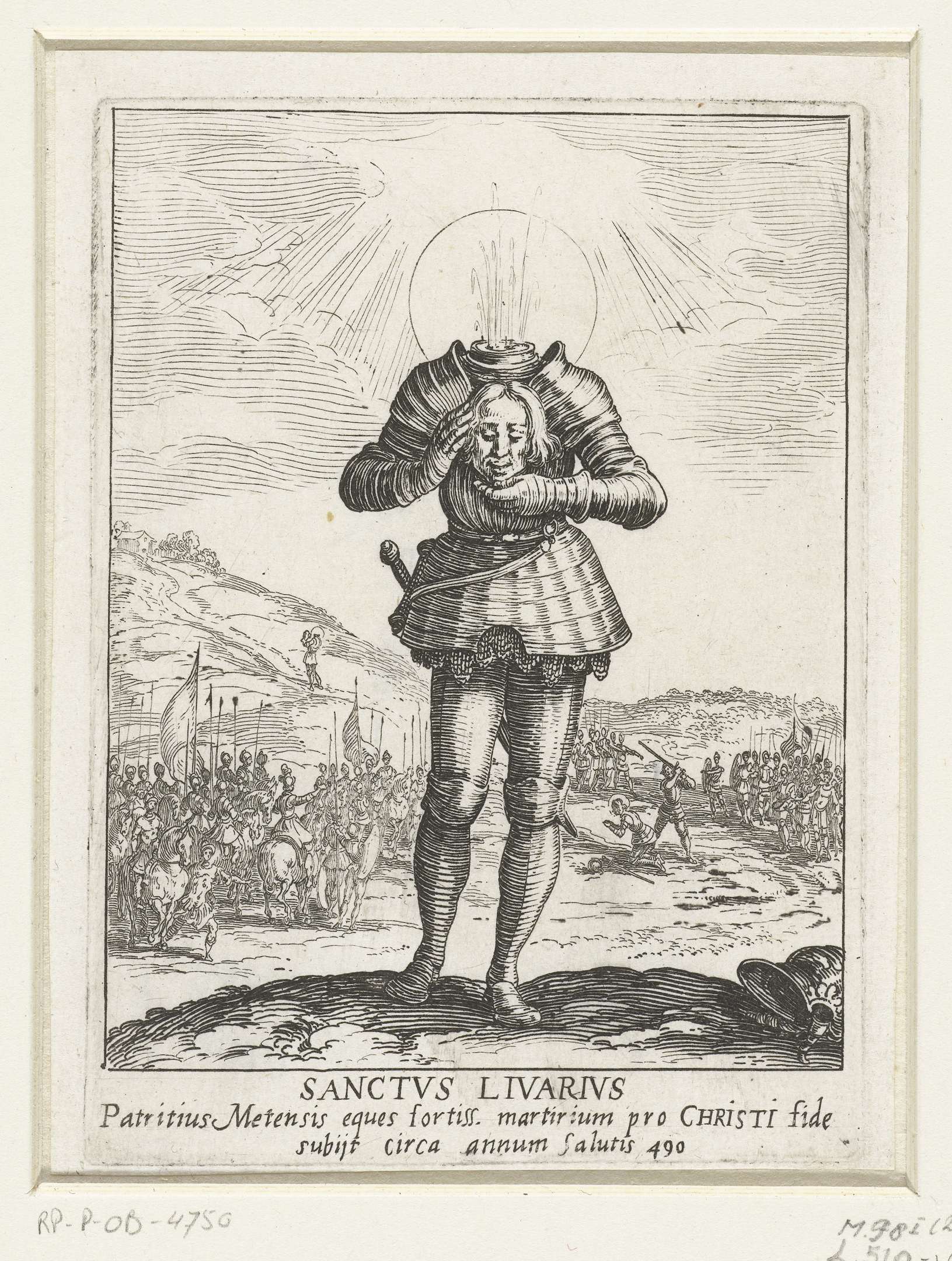 Etching of Saint Livarius by Jacques Callot, showcasing intricate garments and soft light.