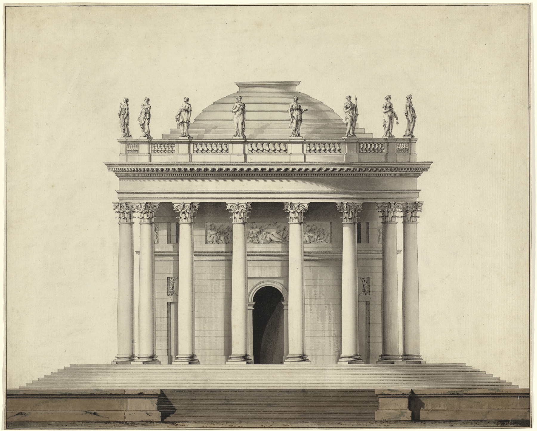 A Classical Temple by Louis Gustave Taraval, oil on canvas depicting grand columns and lush greenery.