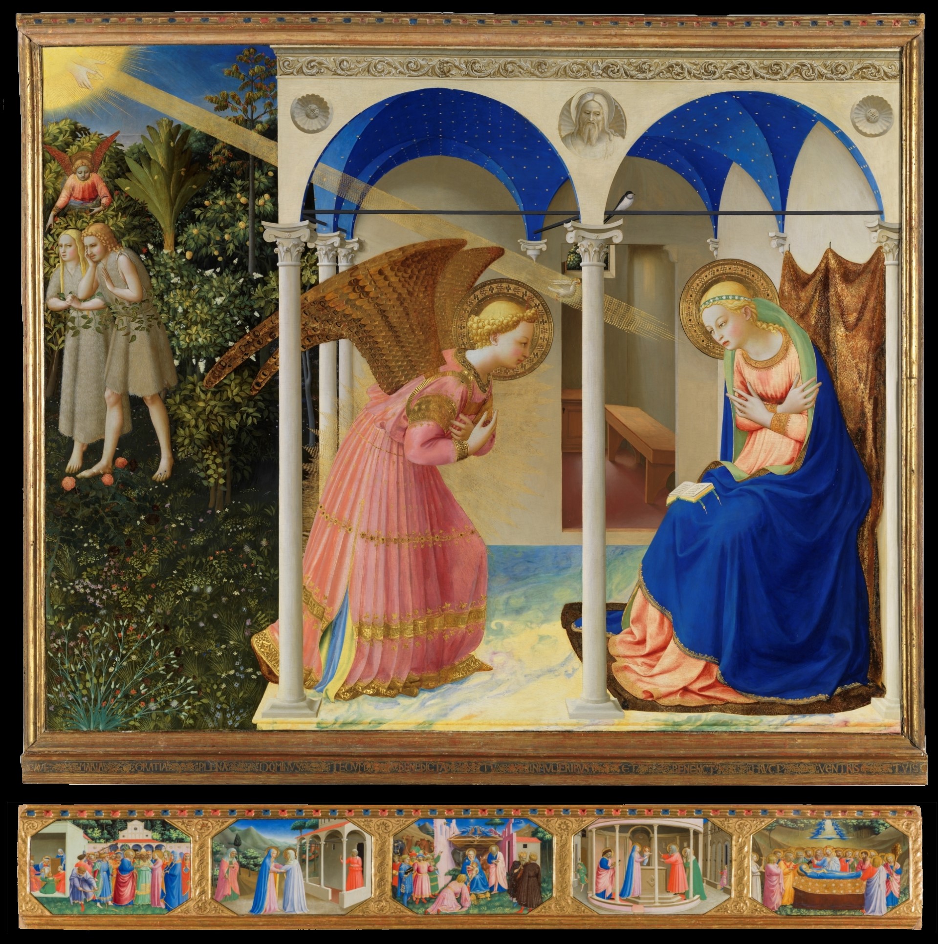 Tempera on panel by Fra Angelico showing Gabriel and the Virgin Mary in a cloister setting.