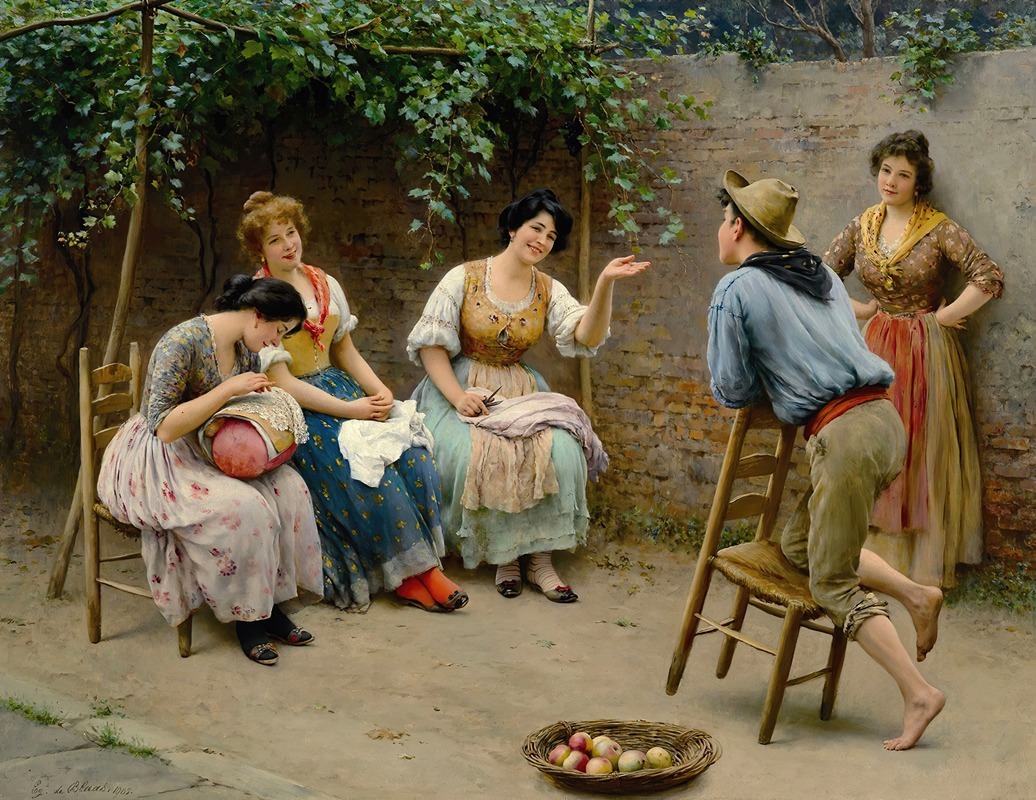 A lively scene depicting figures engaged in conversation.