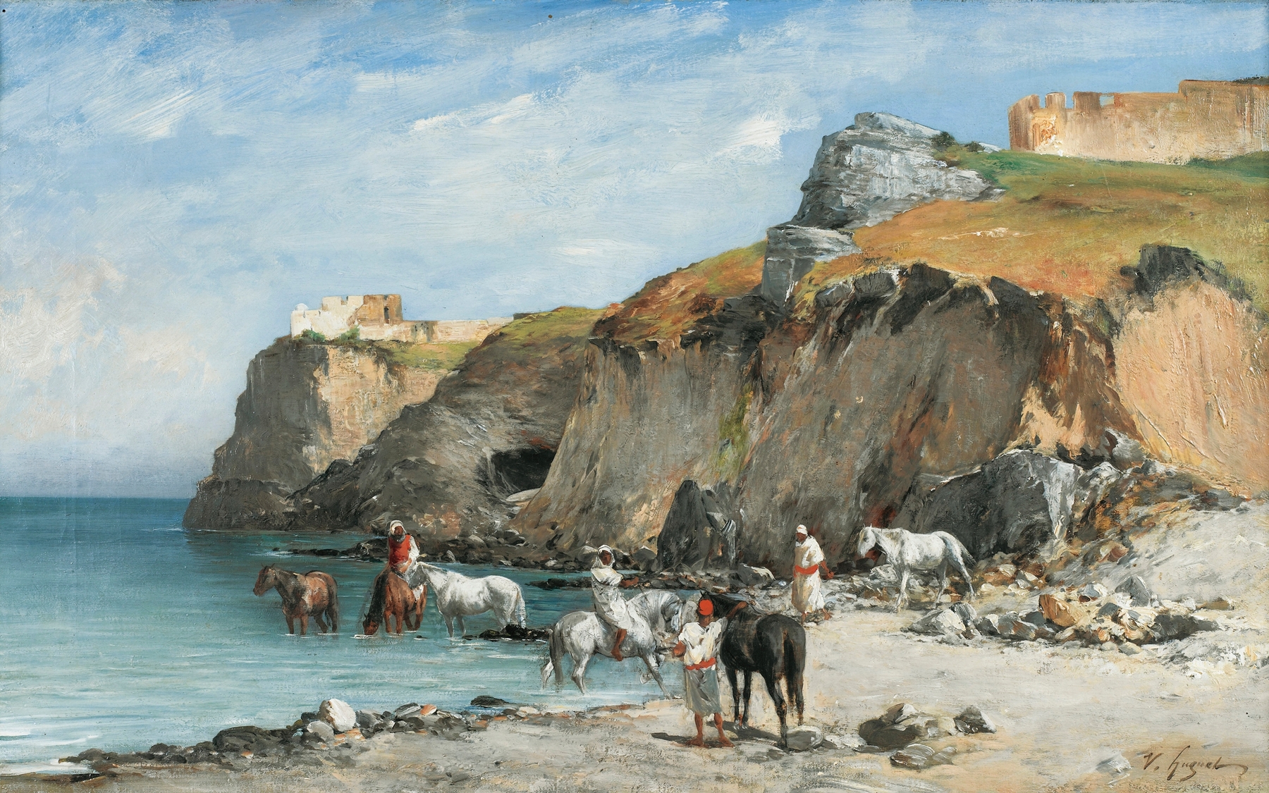 The Halt Of Horsemen On The Beach, by Victor Huguet, public domain