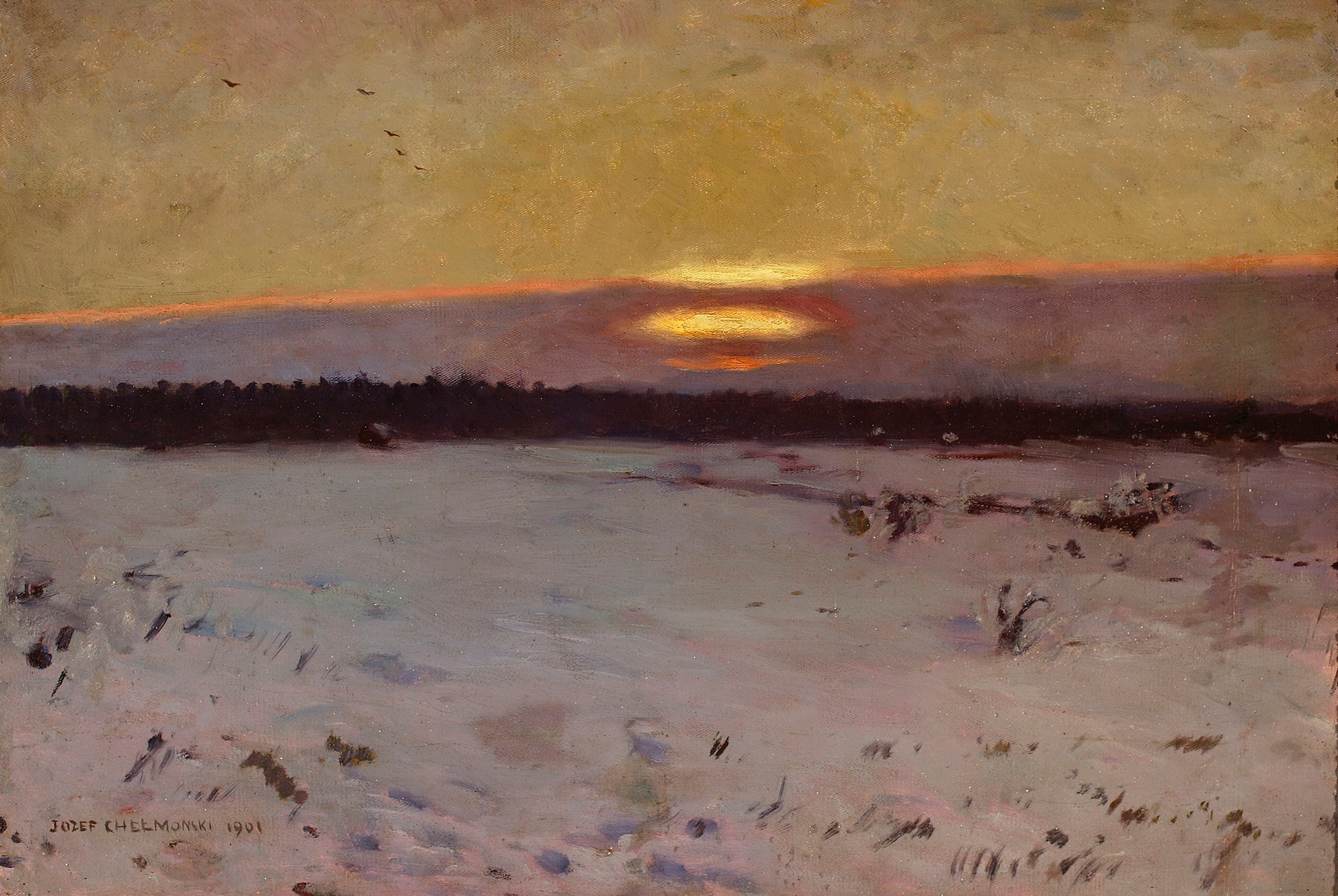 Winter sunset oil painting by Jozef Chelmonski depicting a serene landscape with a low sun.