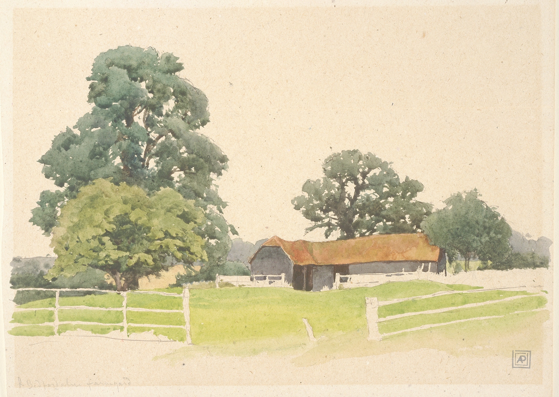 A Bedfordshire Farmyard by Alfred Parsons, oil on canvas depicting a rural scene with a weathered cart.