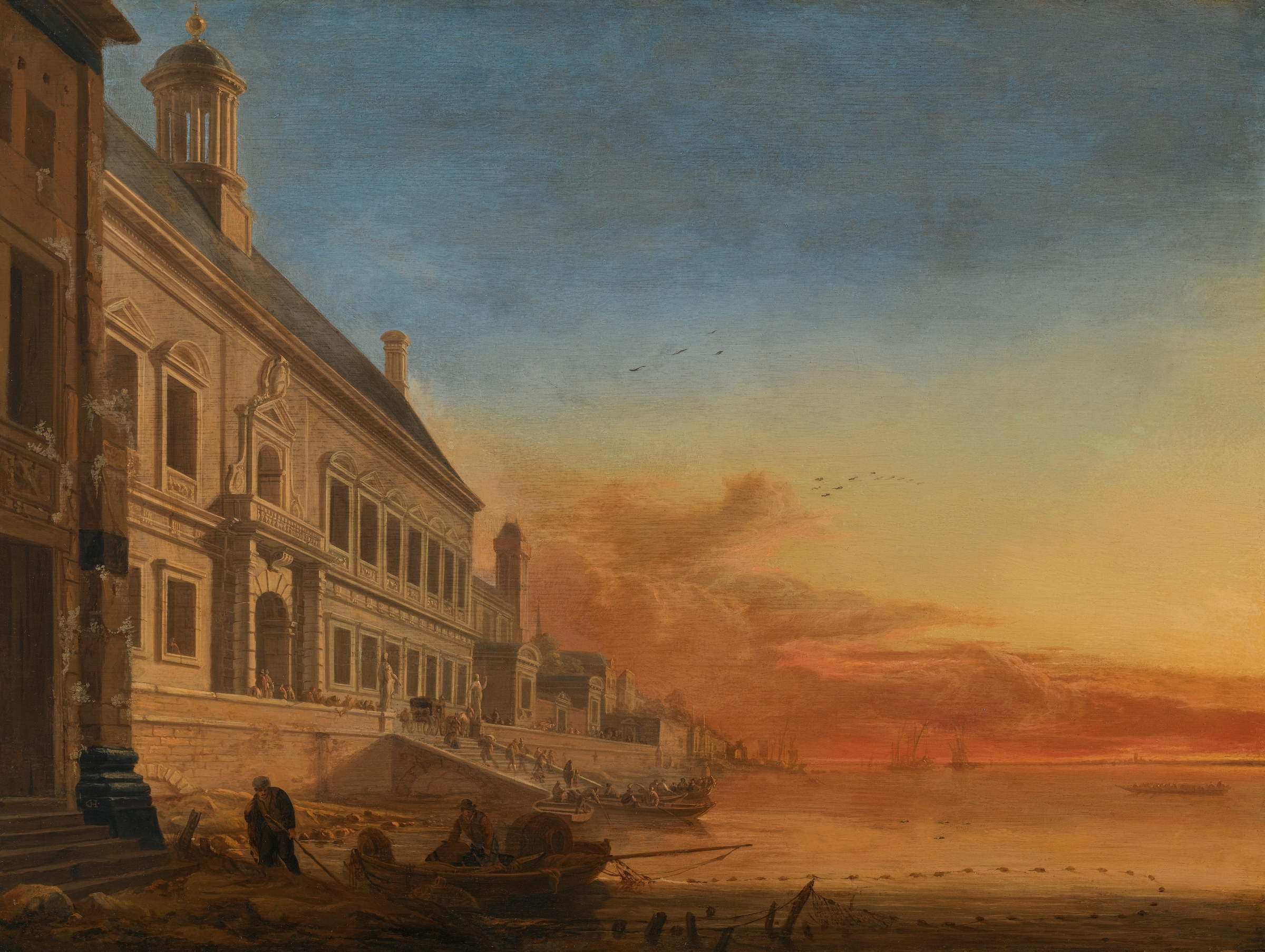 A Coastal Architectural Capriccio At Sunset by Gerard Houckgeest, oil painting depicting silhouettes of buildings at sunset.
