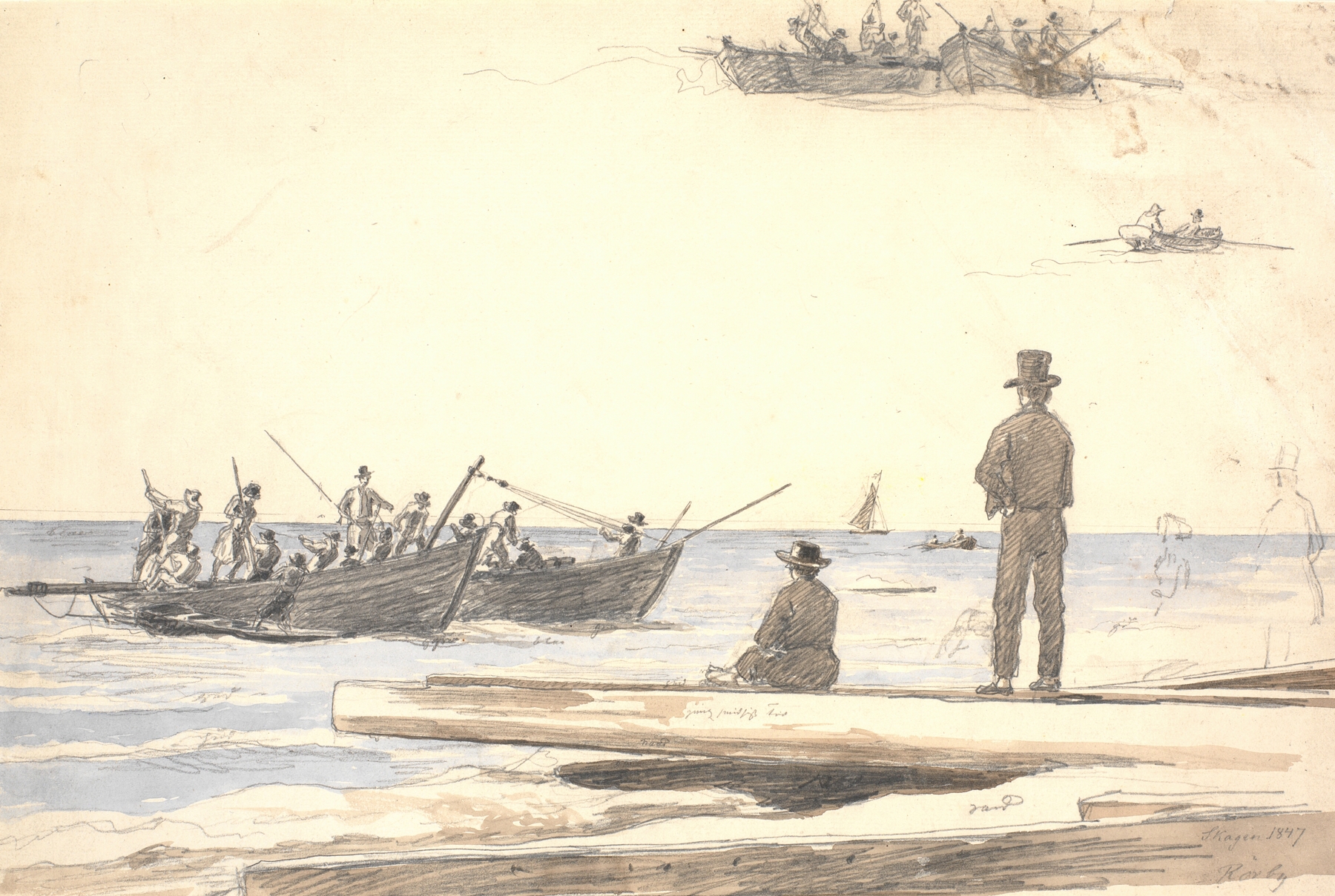 To fiskerbåde sejler ind mod Skagens strand, by Martinus Rørbye, public domain