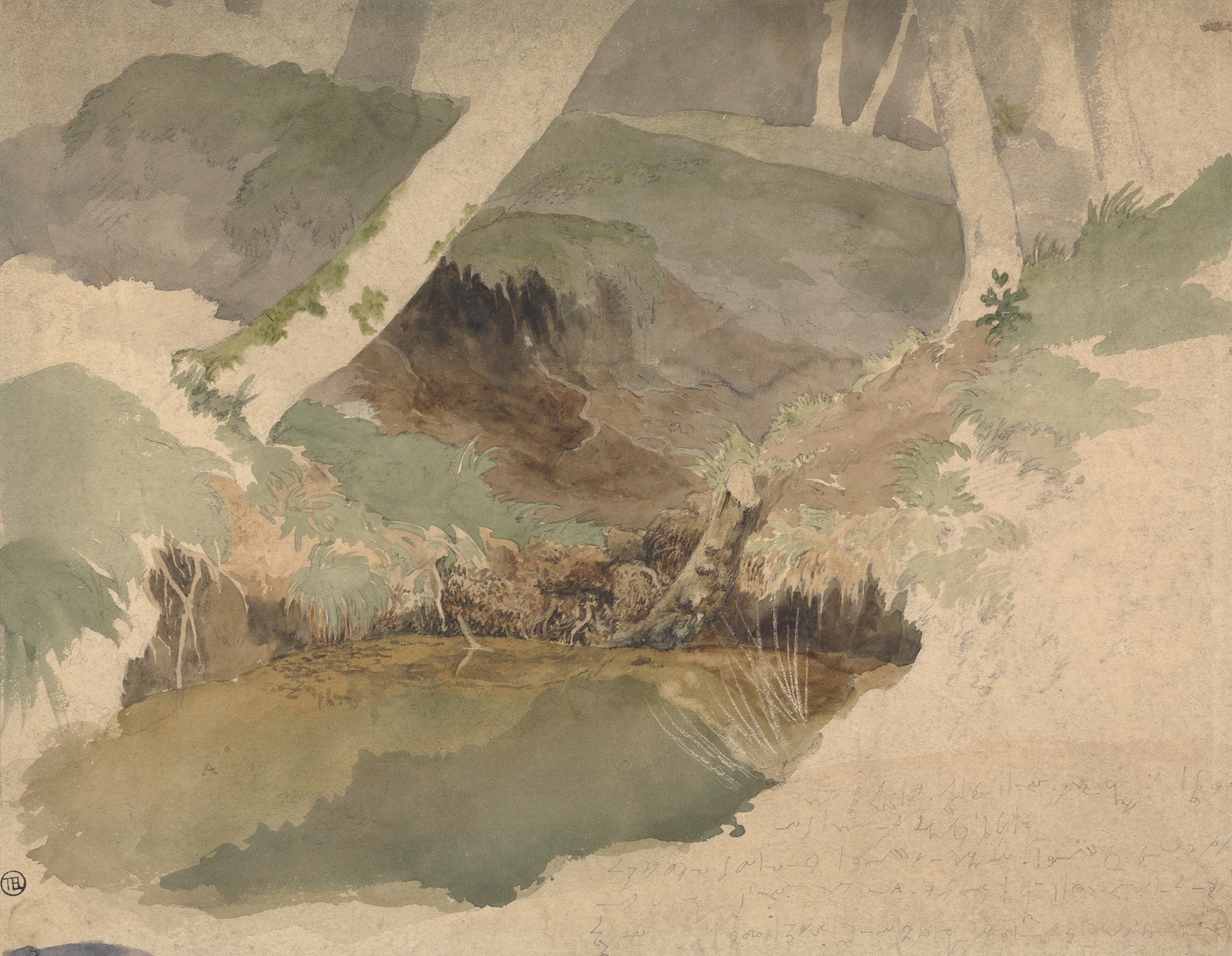 Forest Pool by Robert Hills, oil painting depicting tranquil water reflecting greenery.