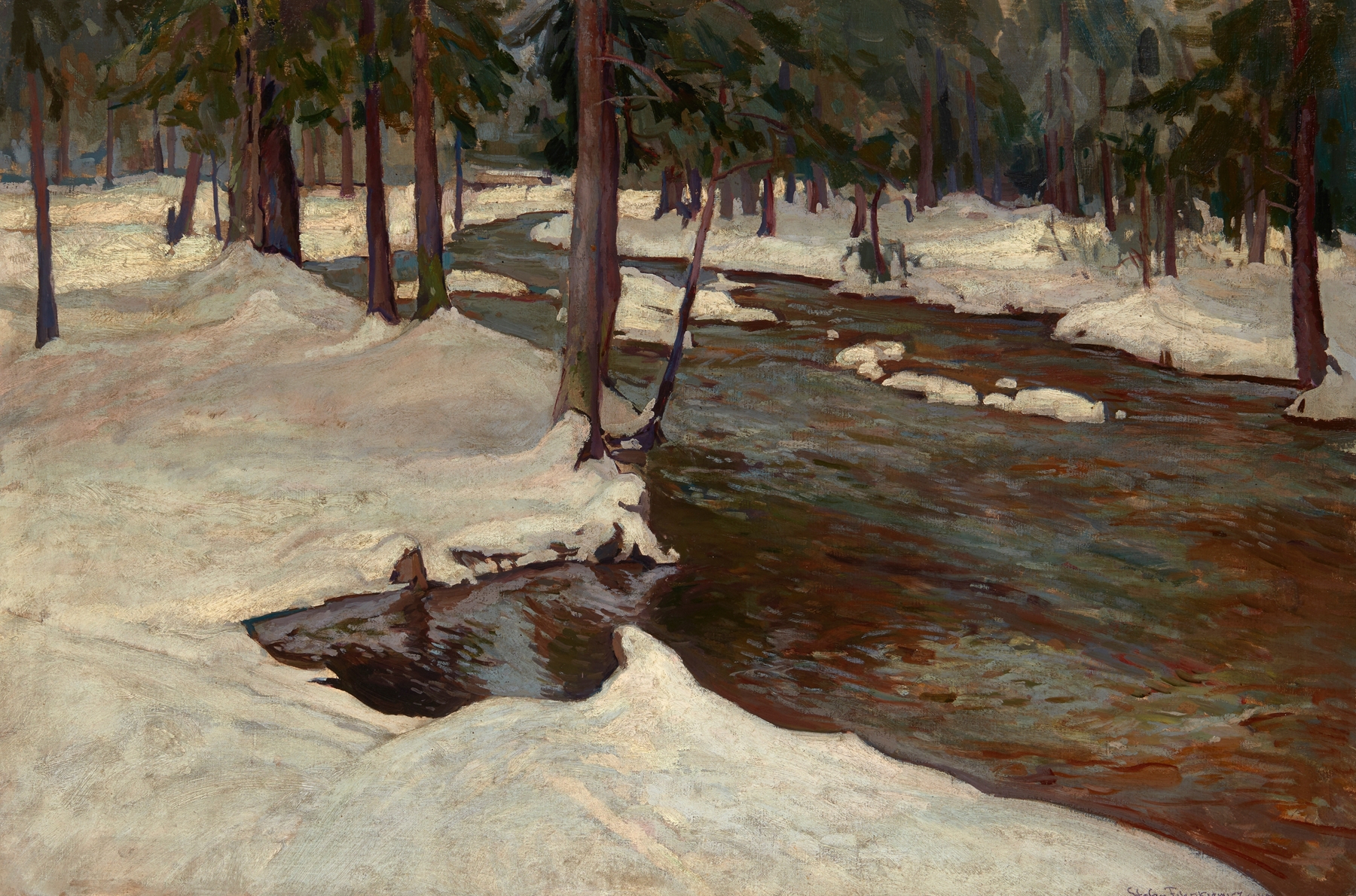 Forest Stream by Stefan Filipkiewicz, oil on canvas depicting a lush forest landscape