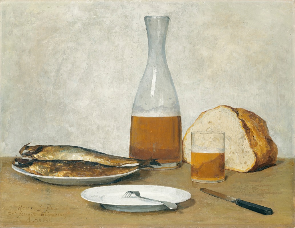A still life painting featuring herrings by Albert Anker.