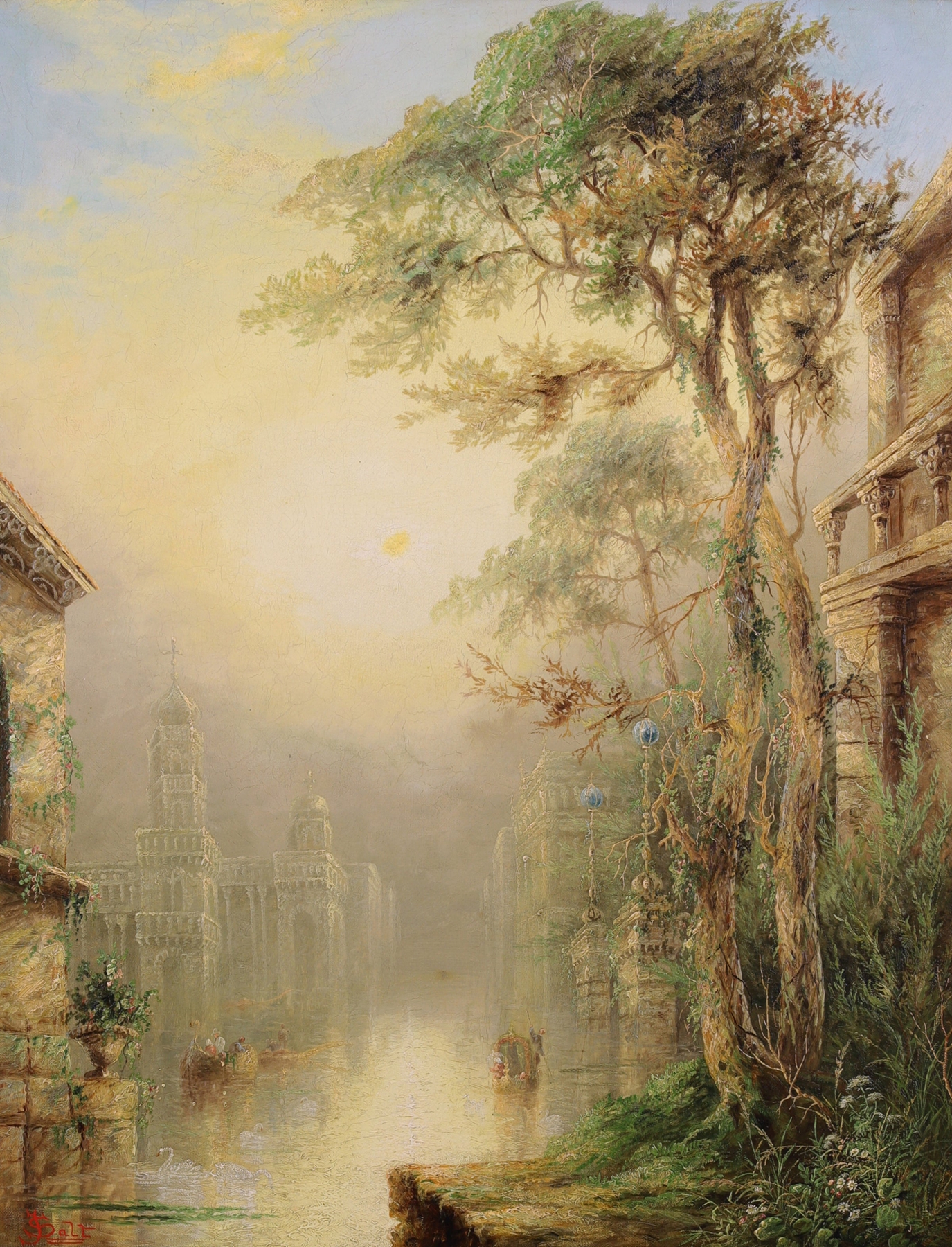 A Venetian Capriccio by James Salt, oil on canvas depicting a dreamlike landscape with architecture.