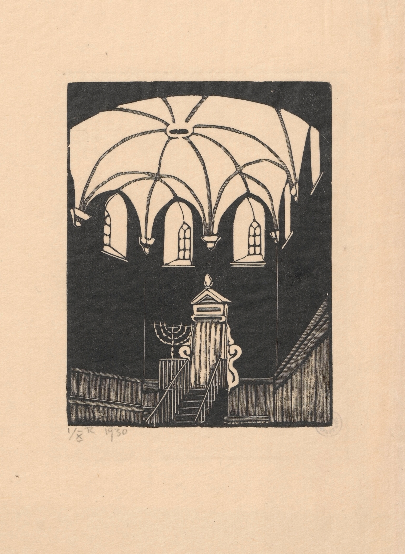 Interior of a synagogue with stained glass windows, oil on canvas by Wiktoria Goryńska