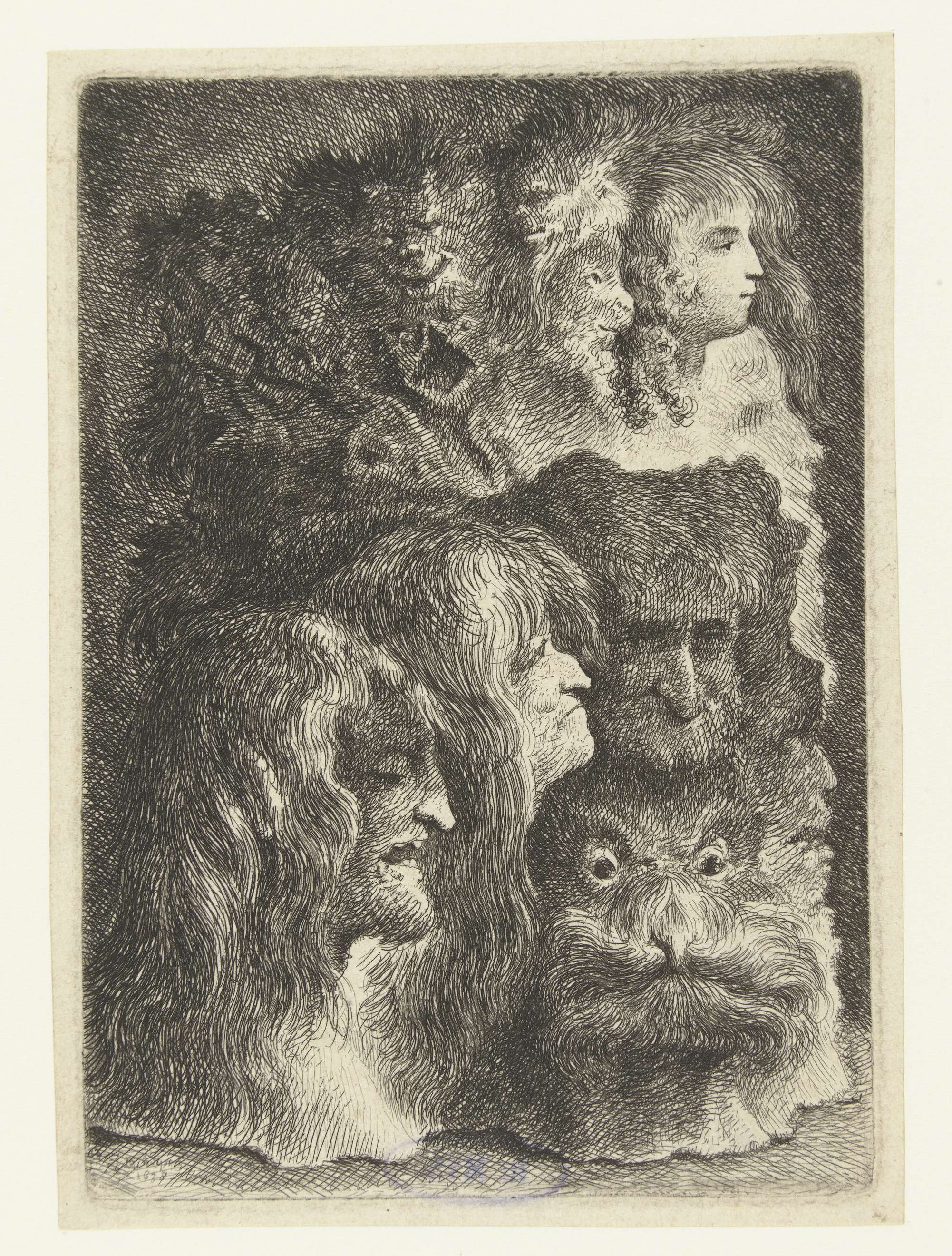 Etching by Bartholomeus Breenbergh depicting various heads of men, women, animals, and masks.