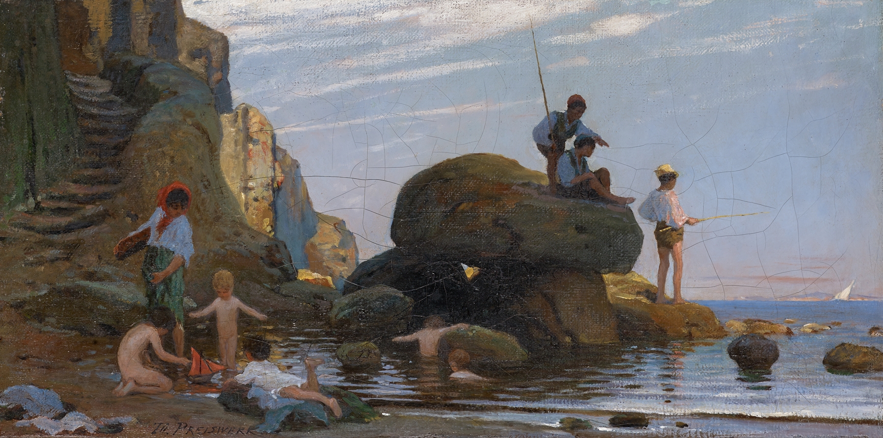 Fisherman and Bathing Children at the Sea Beach, oil on canvas by Theophil Preiswerk