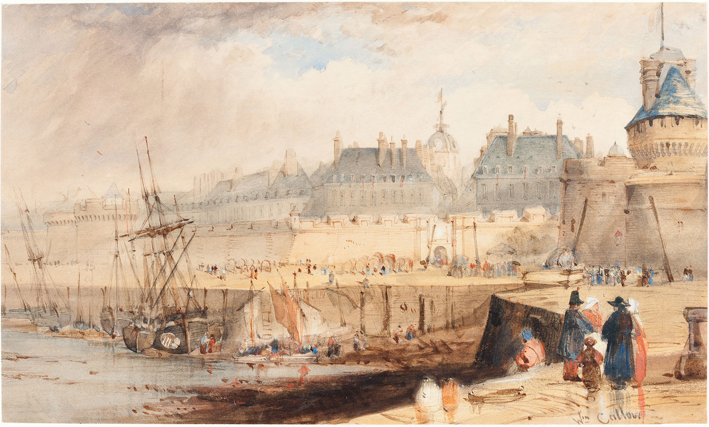 The Harbor of St. Malo at Low Tide, oil on canvas by William Callow, depicting a calm marine scene.