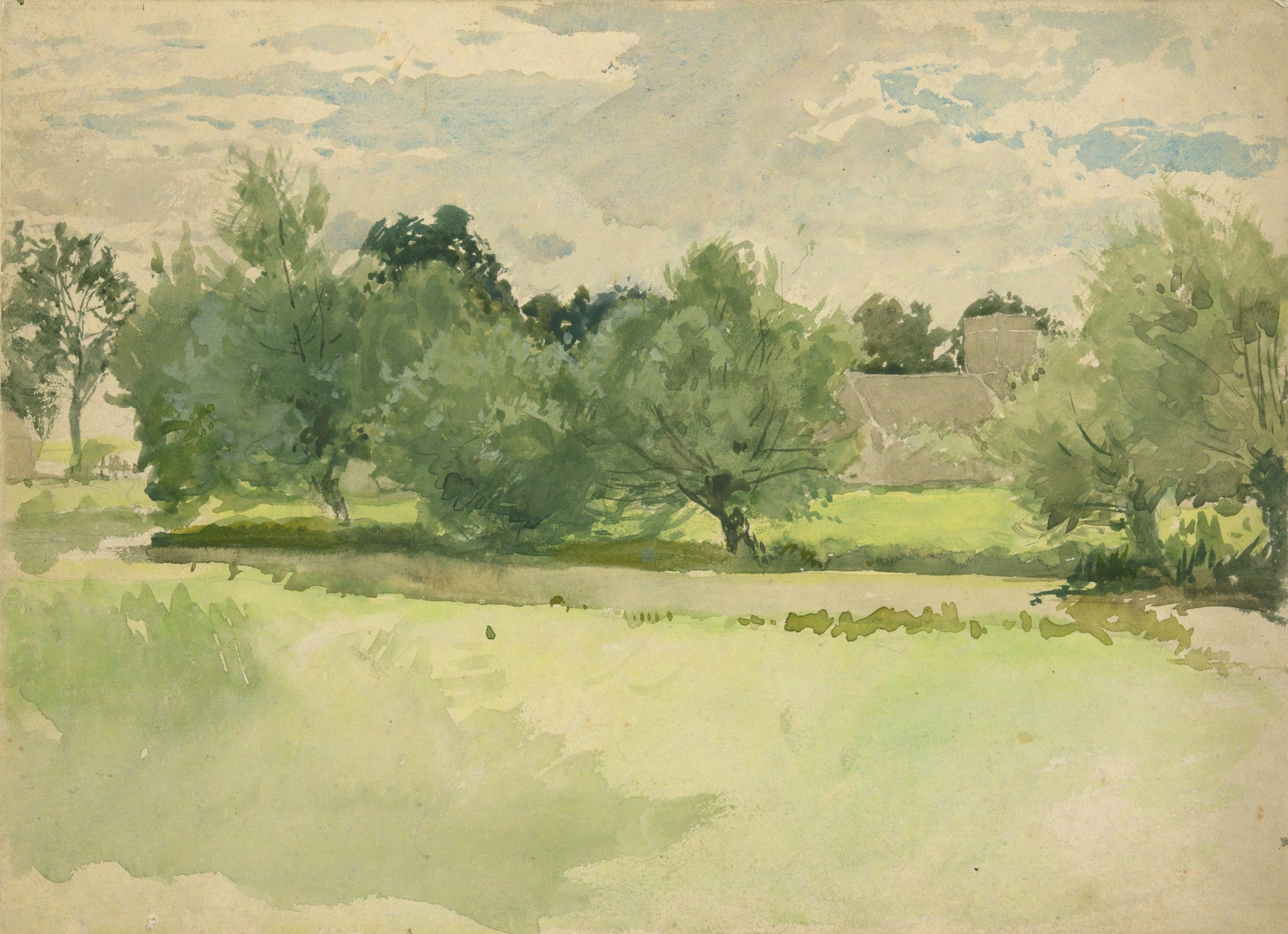 Landscape; Meadow. Church in background, by Edwin Austin Abbey, public domain