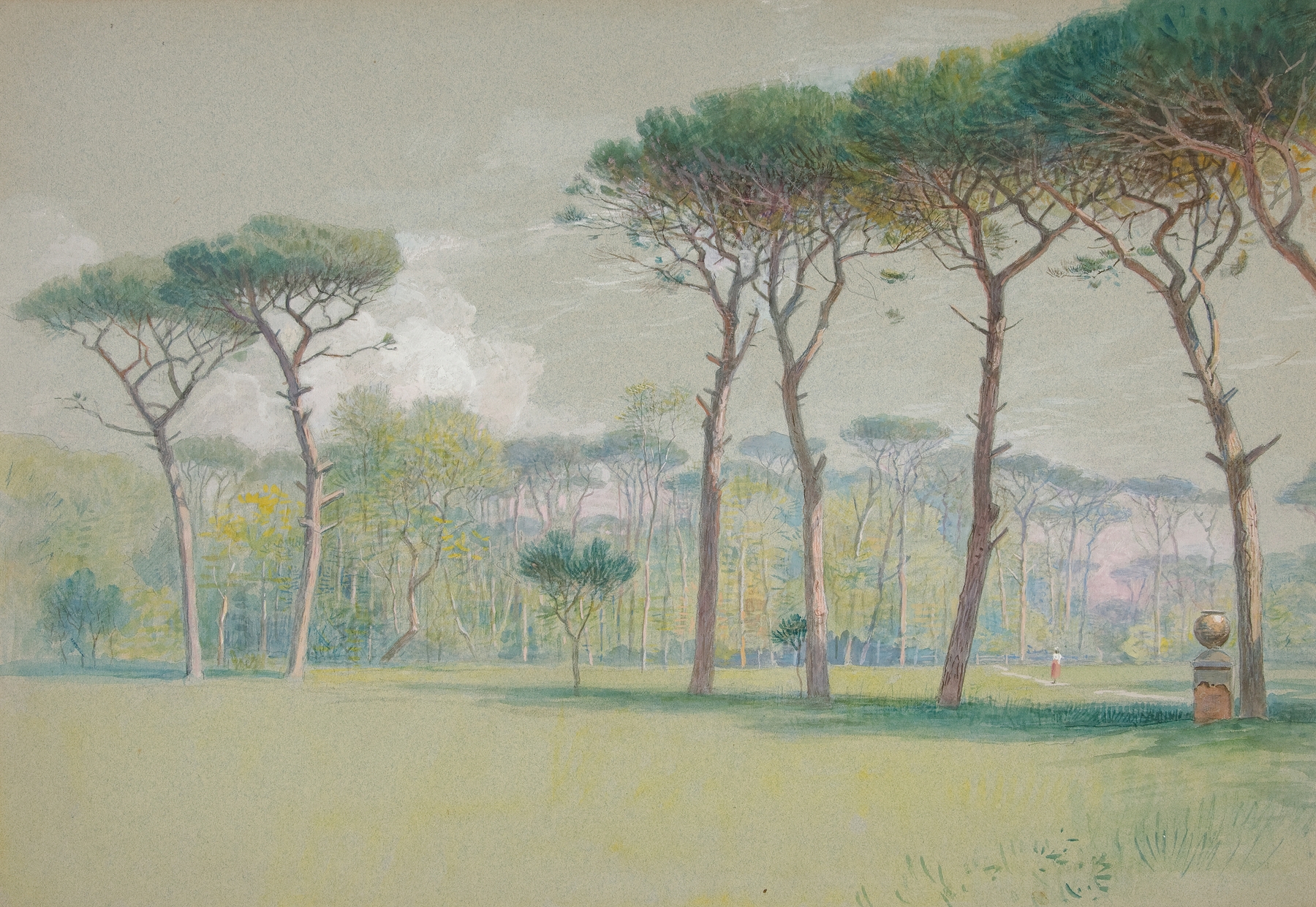 Castel Fusano; Landscape – vast lawn and trees, by Edwin Austin Abbey, public domain