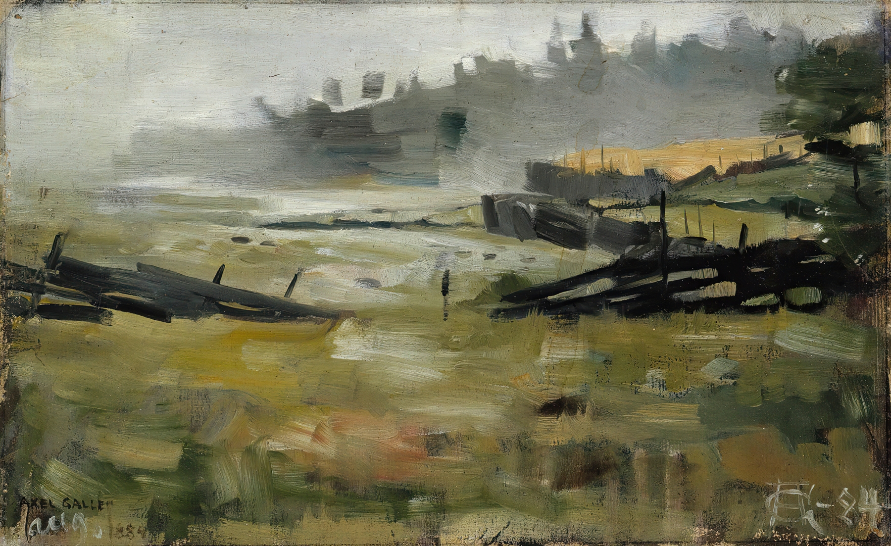 Misty Landscape by Akseli Gallen-Kallela, oil painting of a serene lake enveloped in mist.