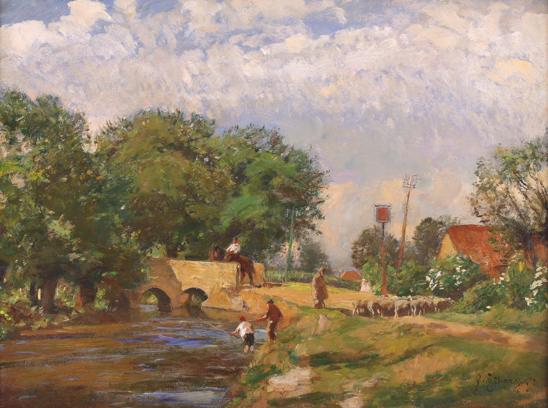 Landscape depicting a stream in a village by Sir David Murray, Impressionism